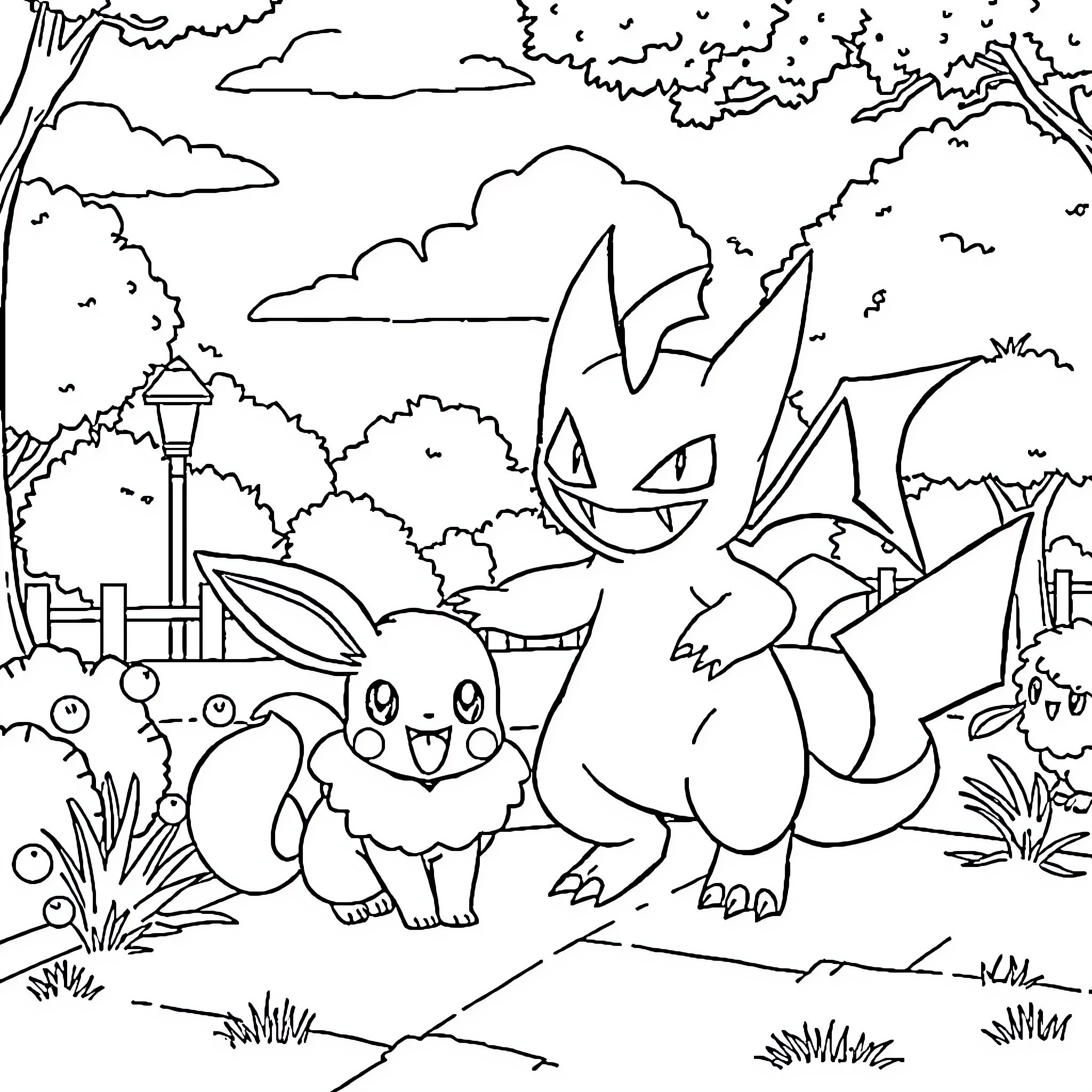 Pokémon characters exploring the outdoors Coloring Page (free black-and-white line drawing printable PDF for all, from beginners to advanced learners, including children, teens, adults, and seniors)