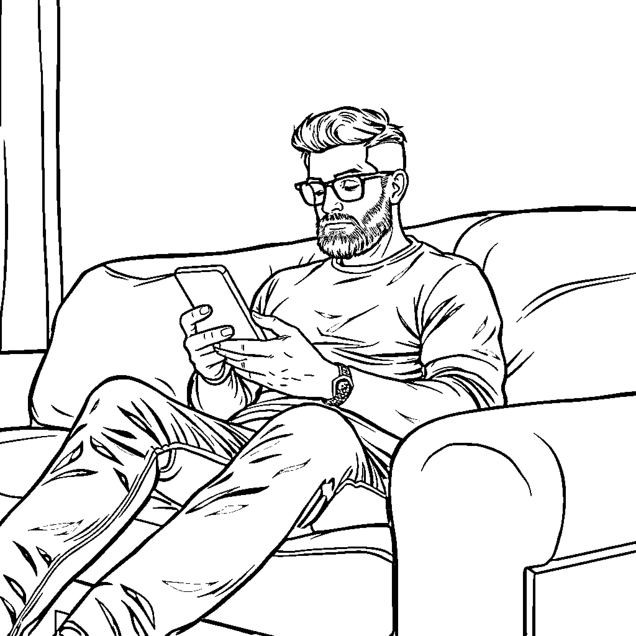 Dude intently reading on a couch Coloring Page (free black-and-white line drawing printable PDF for all, from beginners to advanced learners, including children, teens, adults, and seniors)