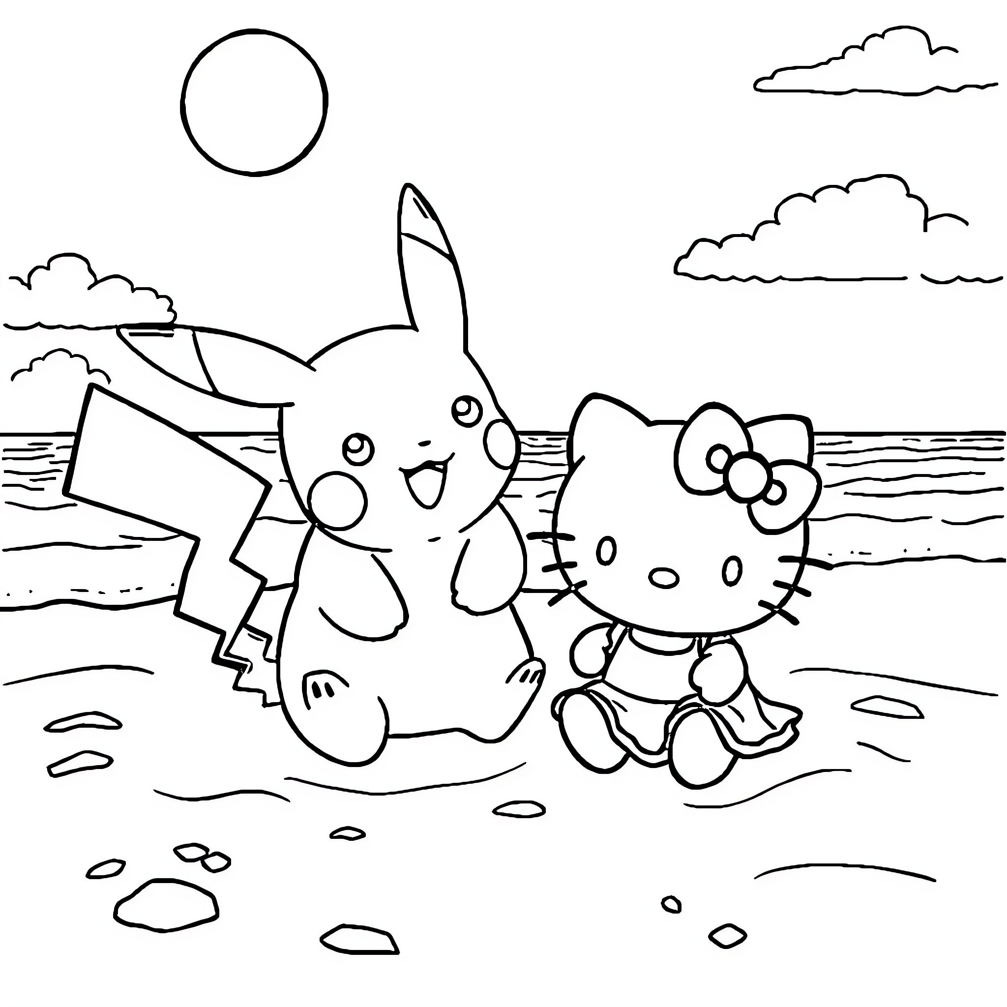 Pikachu and Hello Kitty playing on the beach Coloring Page (free black-and-white line drawing printable PDF for all, from beginners to advanced learners, including children, teens, adults, and seniors)