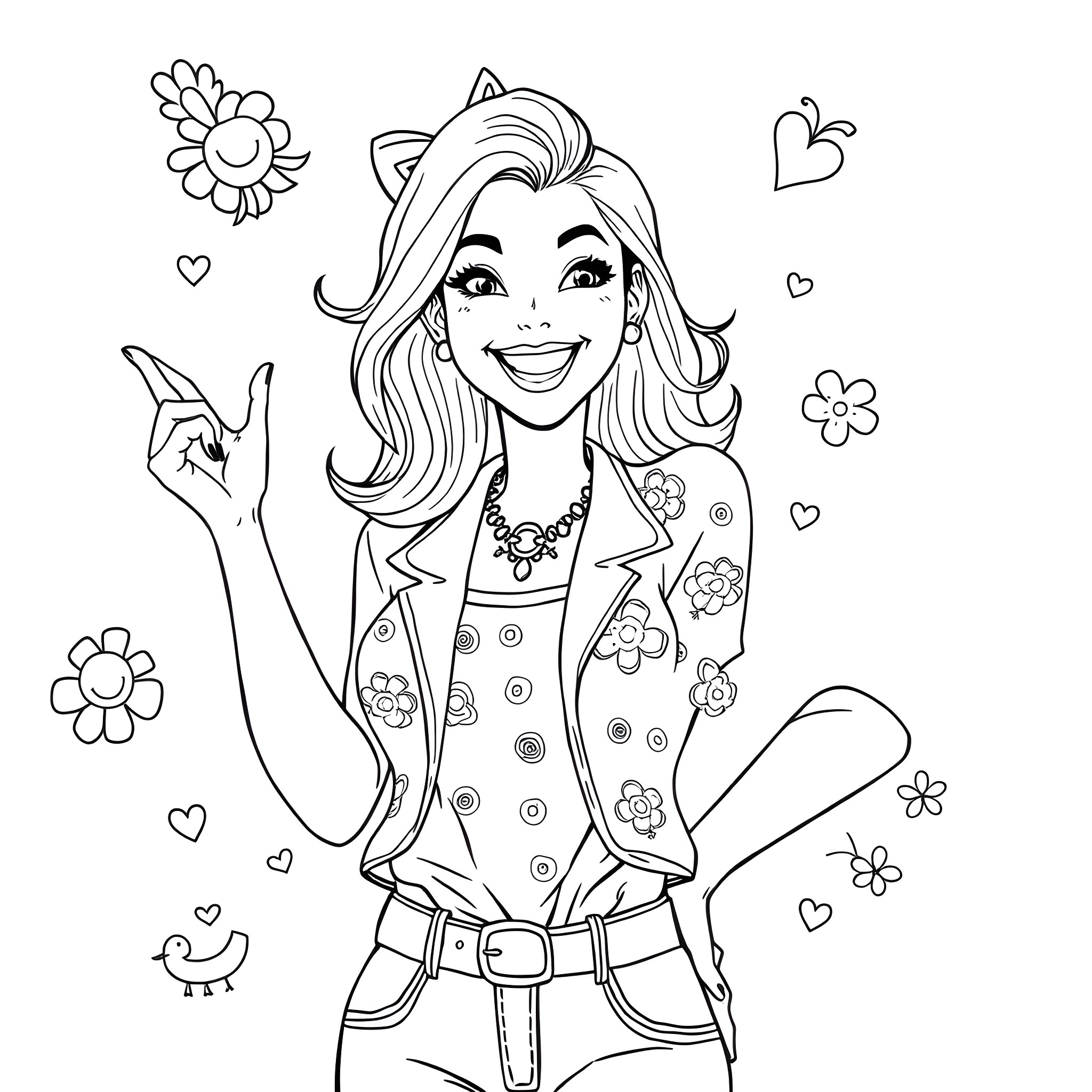 Woman in a floral dress with a joyful expression Coloring Page (free black-and-white line drawing printable PDF for all, from beginners to advanced learners, including children, teens, adults, and seniors)