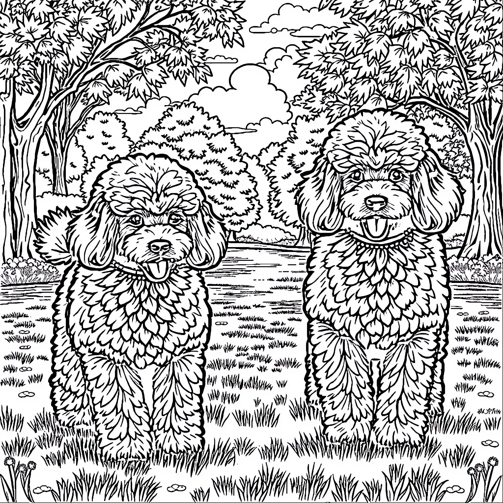 Poodle pals posing playfully in pastoral setting Coloring Page (free black-and-white line drawing printable PDF for all, from beginners to advanced learners, including children, teens, adults, and seniors)