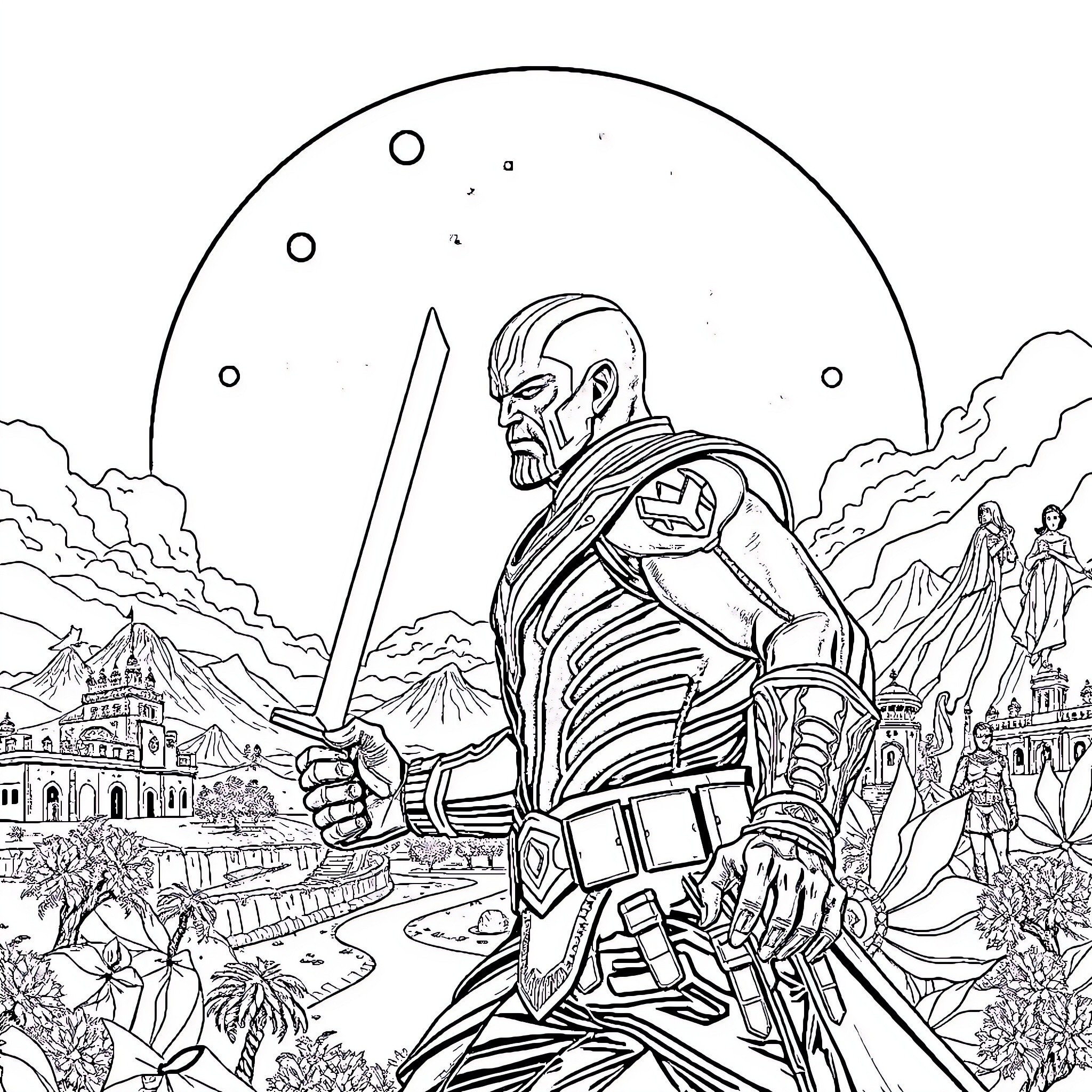 Barman wielding a sword amidst a fantastical landscape Coloring Page (free black-and-white line drawing printable PDF for all, from beginners to advanced learners, including children, teens, adults, and seniors)