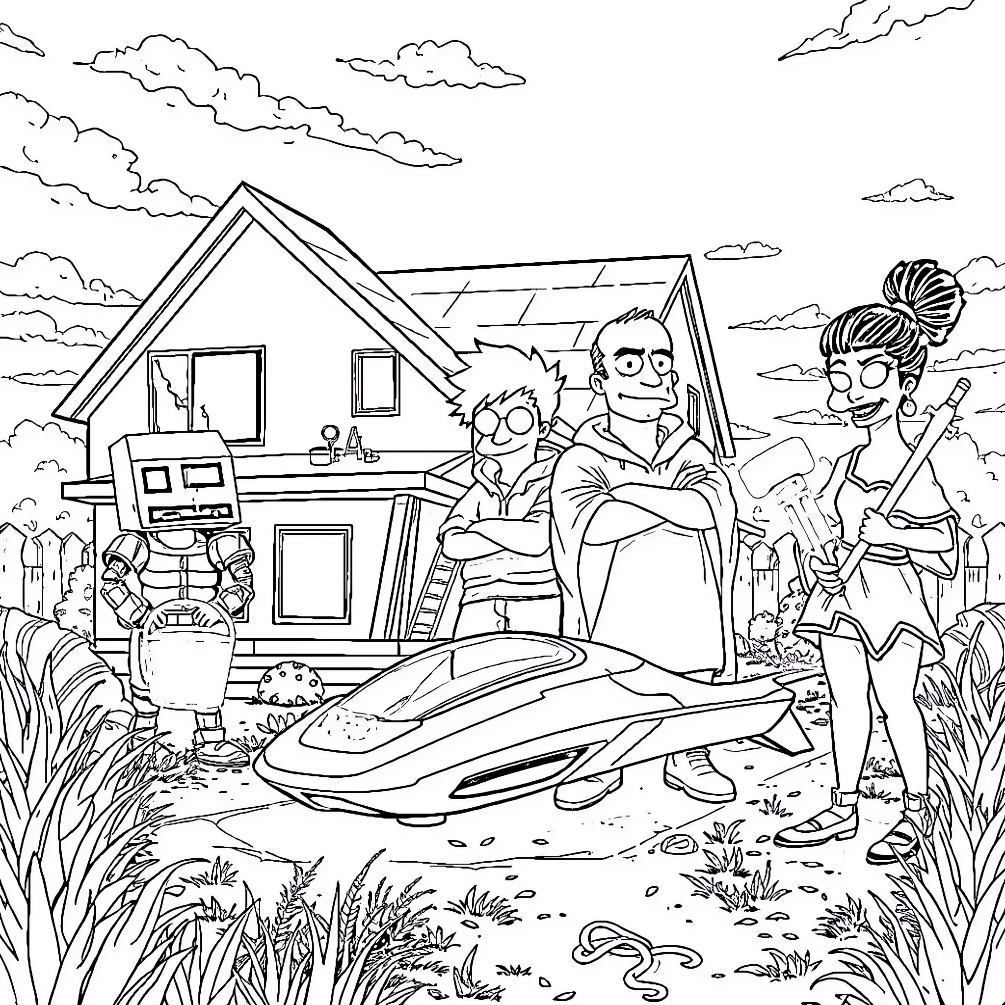 Character Family Enjoying Futuristic Outdoor Scene Coloring Page (free black-and-white line drawing printable PDF for all, from beginners to advanced learners, including children, teens, adults, and seniors)