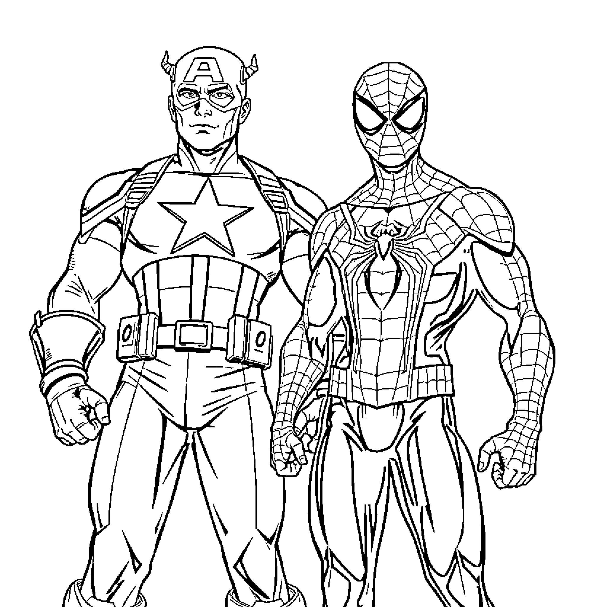 Captain America and Spider-Man in heroic poses Coloring Page (free black-and-white line drawing printable PDF for all, from beginners to advanced learners, including children, teens, adults, and seniors)