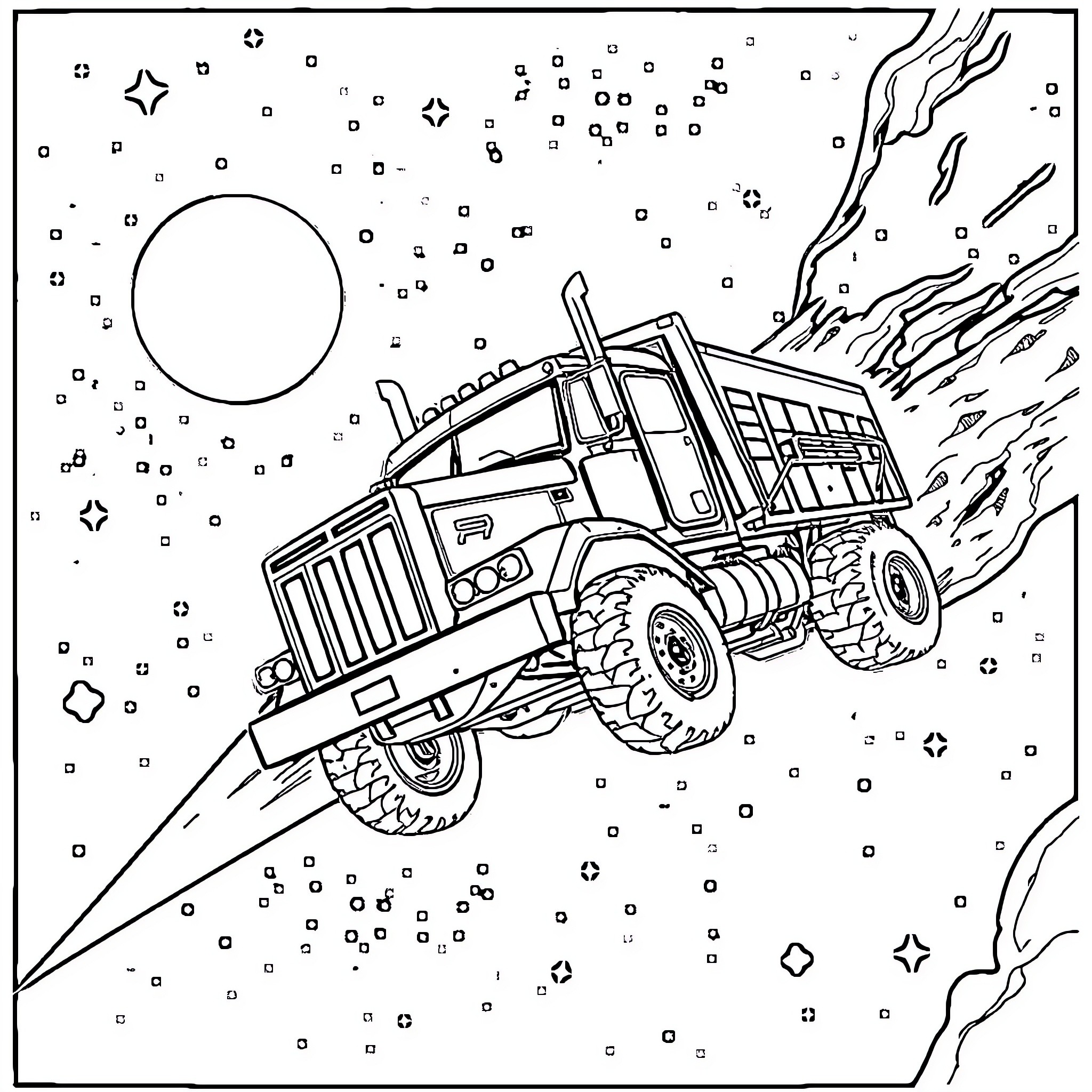 Flying Truck Soaring Through the Starry Night Coloring Page (free black-and-white line drawing printable PDF for all, from beginners to advanced learners, including children, teens, adults, and seniors)