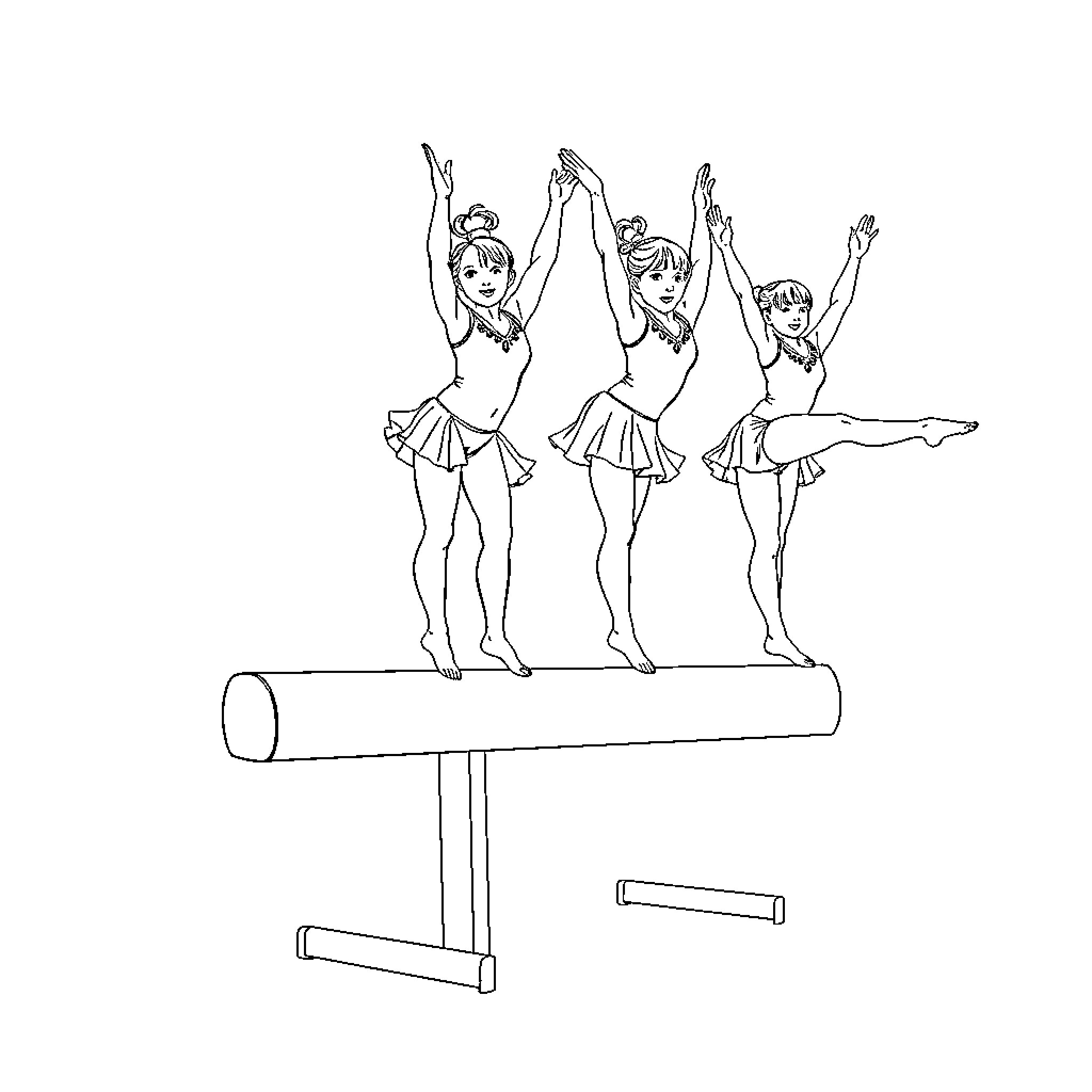 Gymnasts performing acrobatic moves on balance beam Coloring Page (free black-and-white line drawing printable PDF for all, from beginners to advanced learners, including children, teens, adults, and seniors)