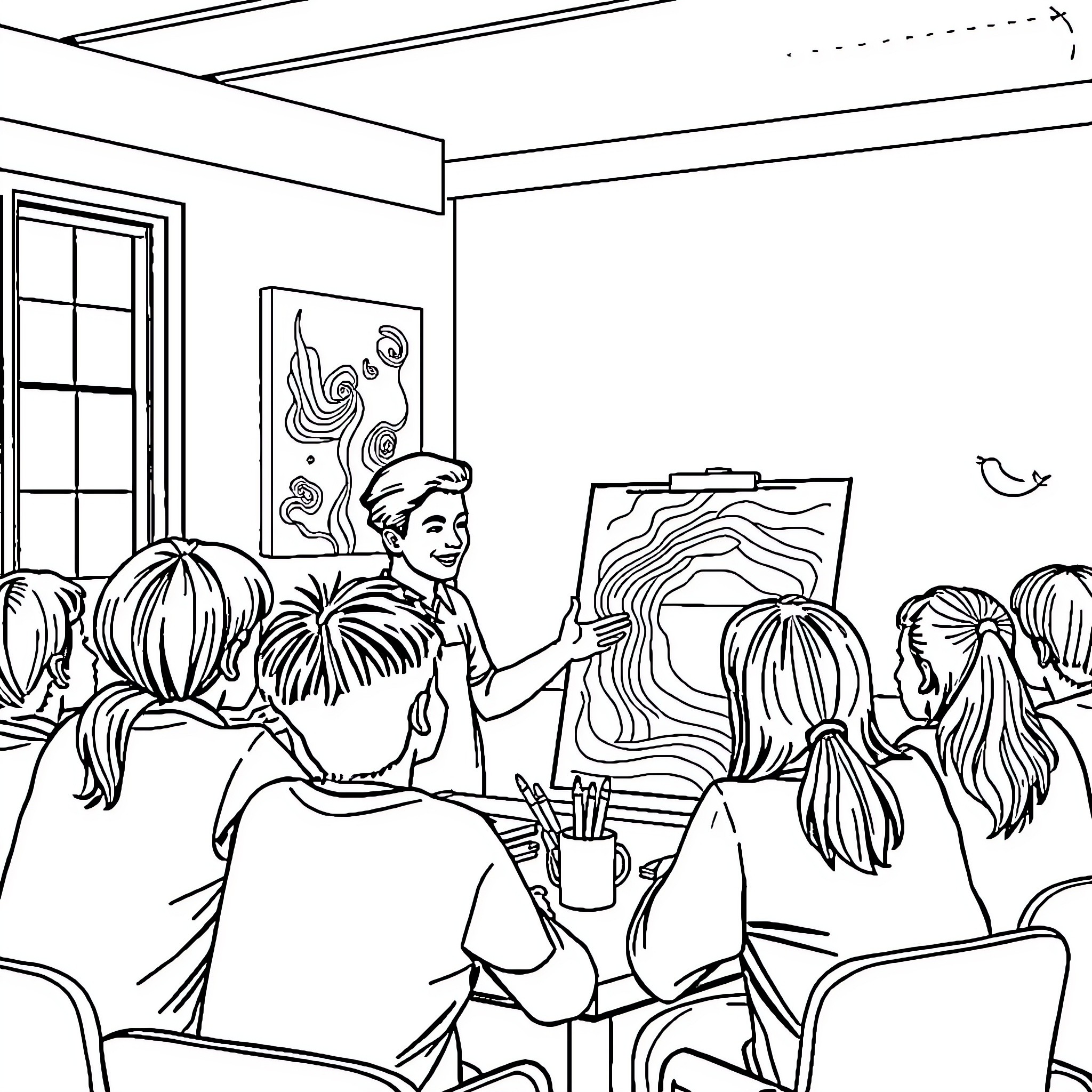 Guy teaching art class to students Coloring Page (free black-and-white line drawing printable PDF for all, from beginners to advanced learners, including children, teens, adults, and seniors)