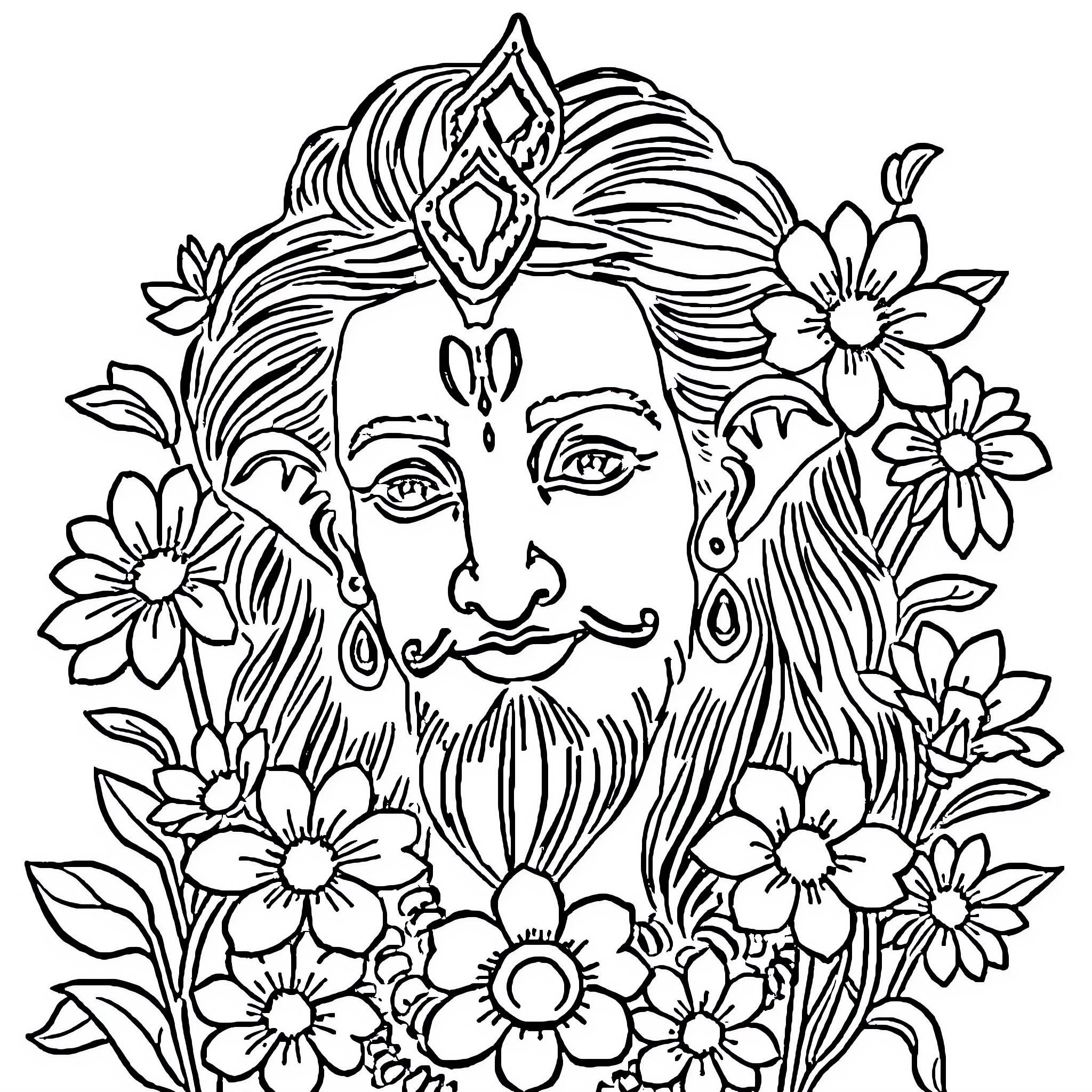 Ram amid a floral wonder Coloring Page (free black-and-white line drawing printable PDF for all, from beginners to advanced learners, including children, teens, adults, and seniors)