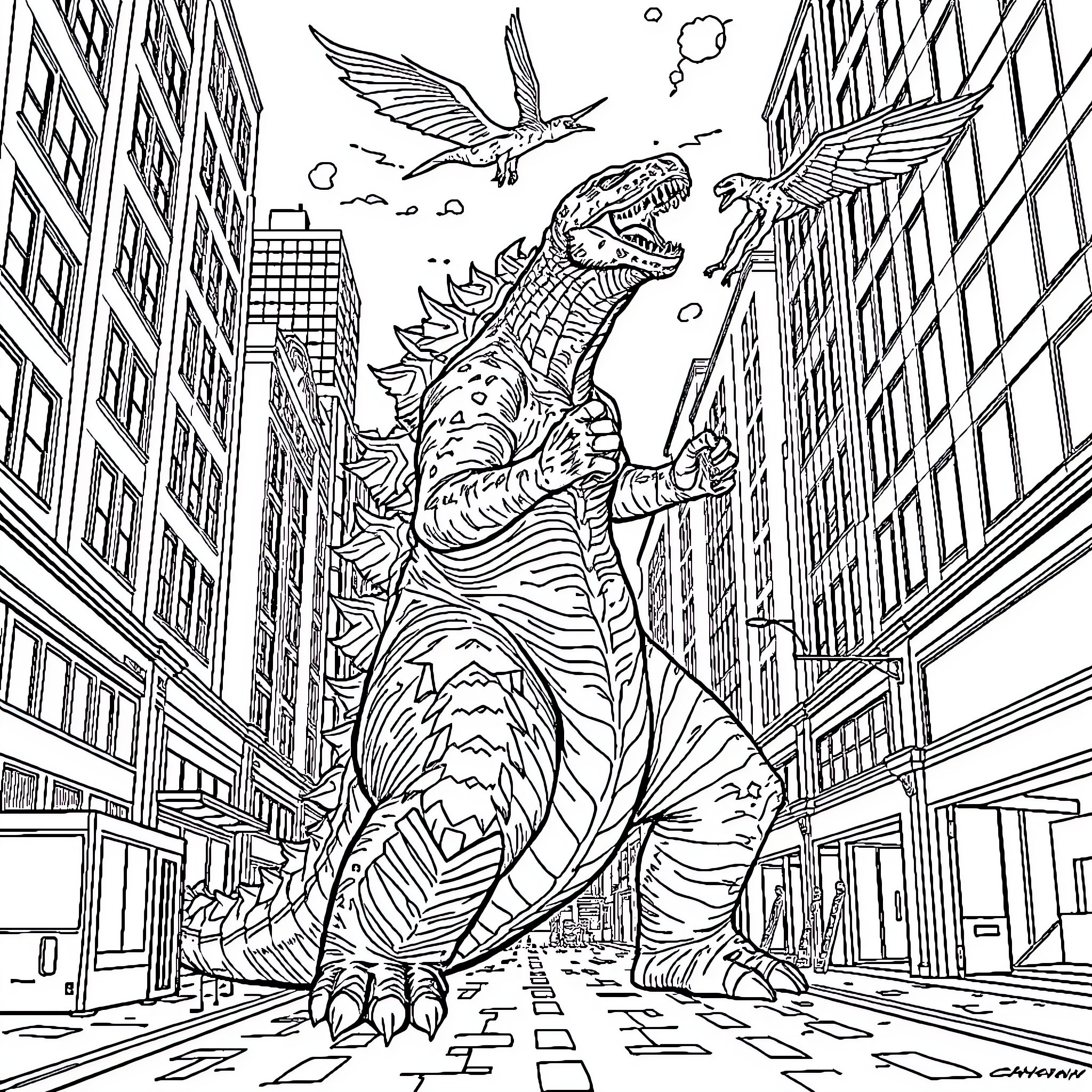 Godzilla Rampages through the City Coloring Page (free black-and-white line drawing printable PDF for all, from beginners to advanced learners, including children, teens, adults, and seniors)