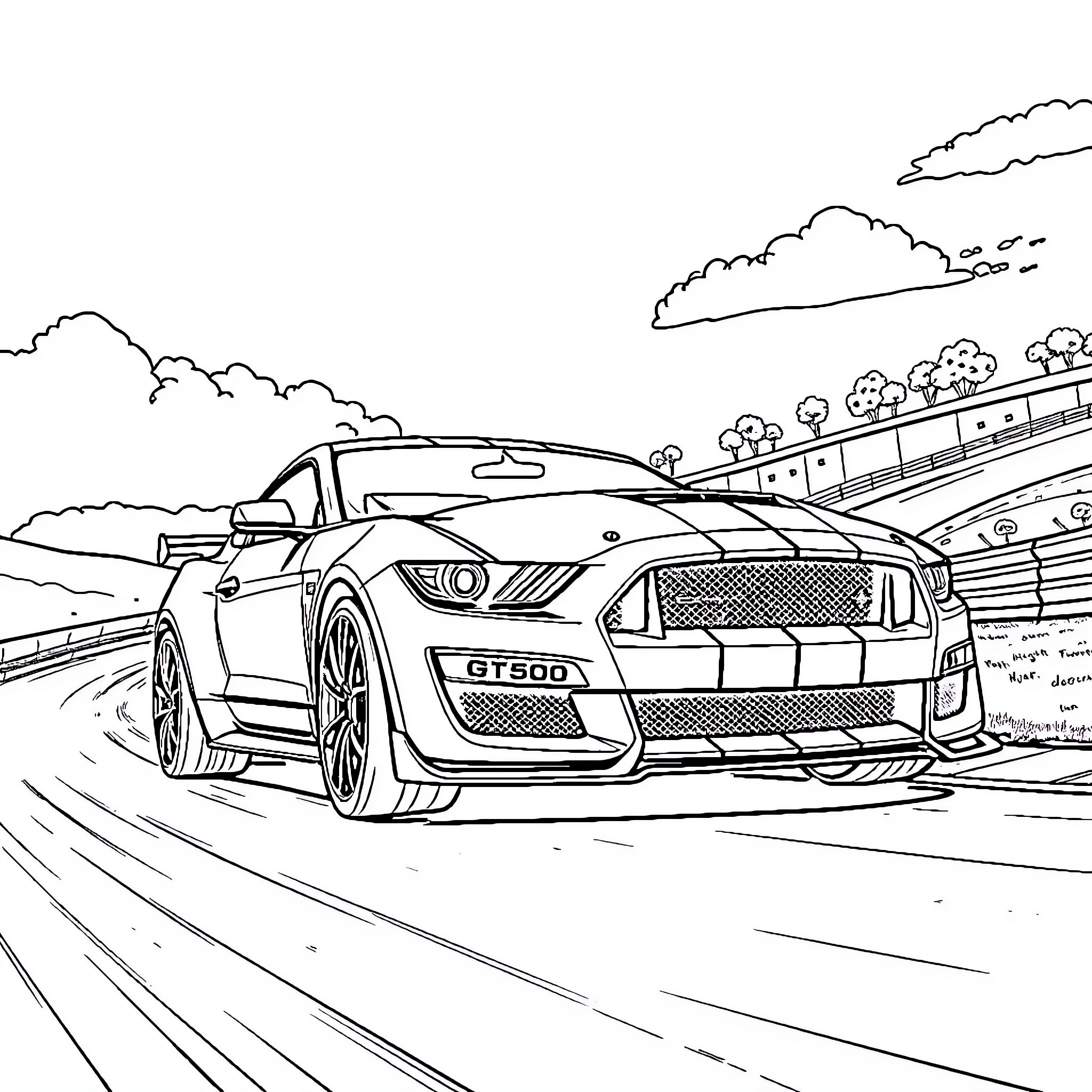 Mustang Racing Along Winding Road Coloring Page (free black-and-white line drawing printable PDF for all, from beginners to advanced learners, including children, teens, adults, and seniors)