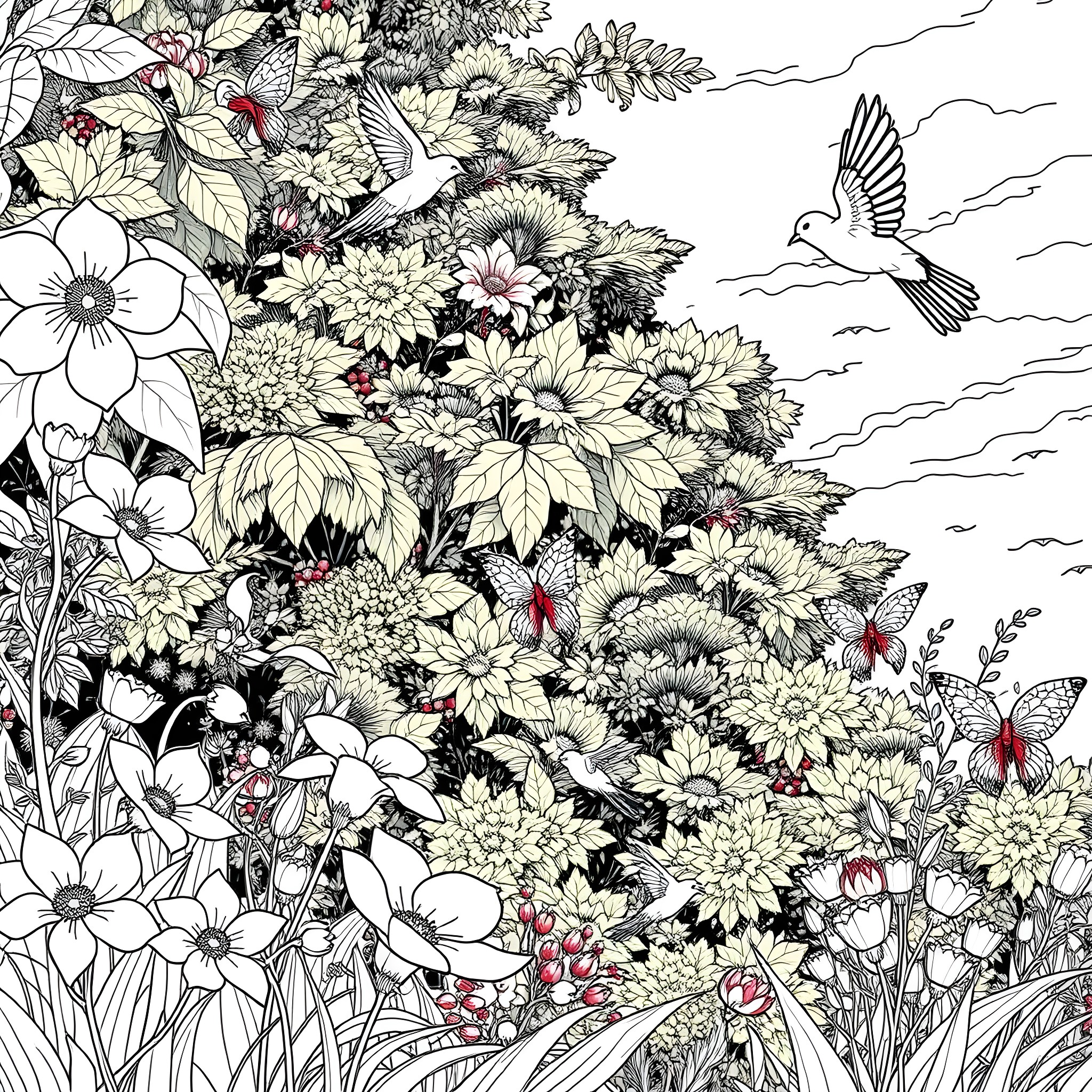 Flower Garden with Butterflies and Birds Coloring Page (free black-and-white line drawing printable PDF for all, from beginners to advanced learners, including children, teens, adults, and seniors)
