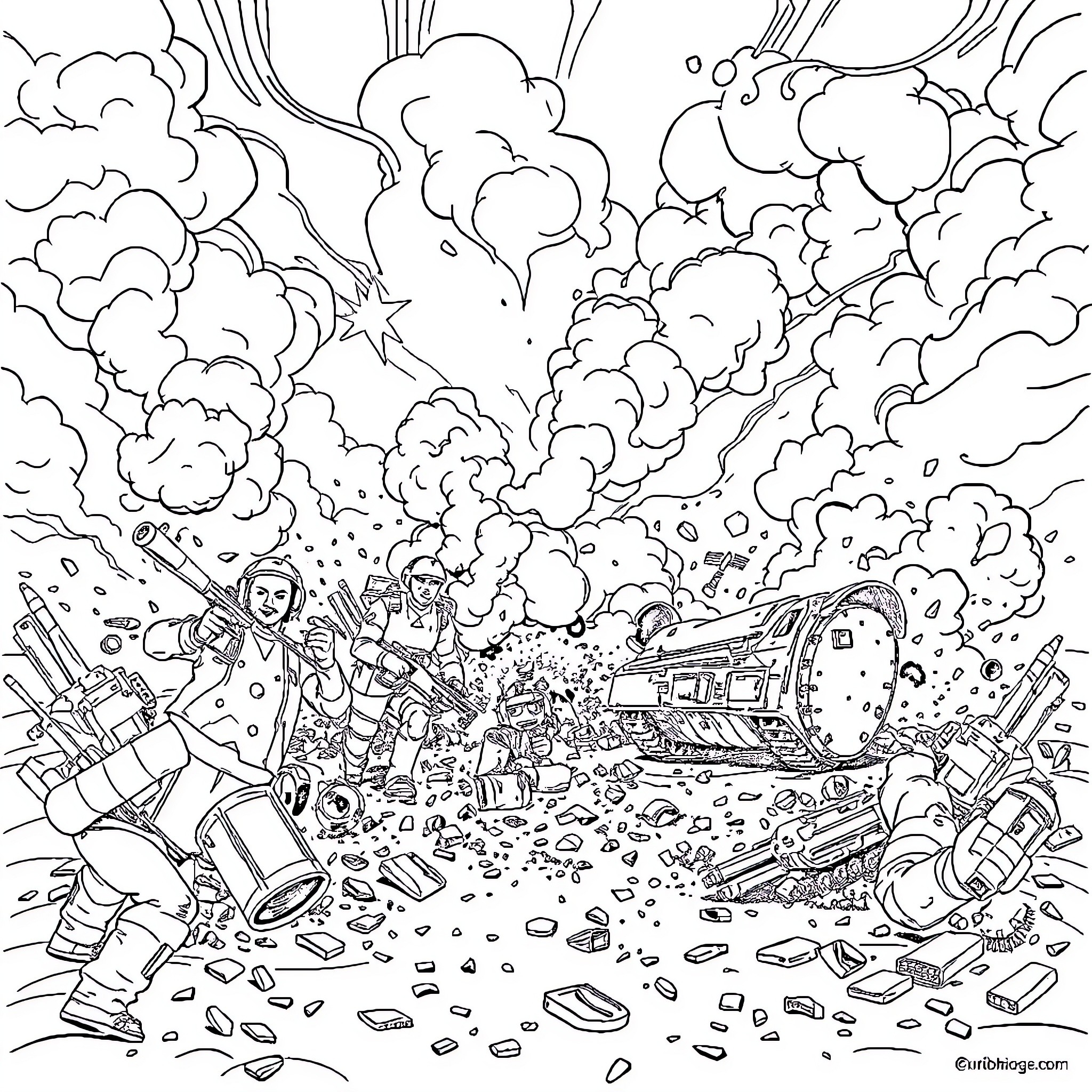 Warzone of chaos and destruction Coloring Page (free black-and-white line drawing printable PDF for all, from beginners to advanced learners, including children, teens, adults, and seniors)