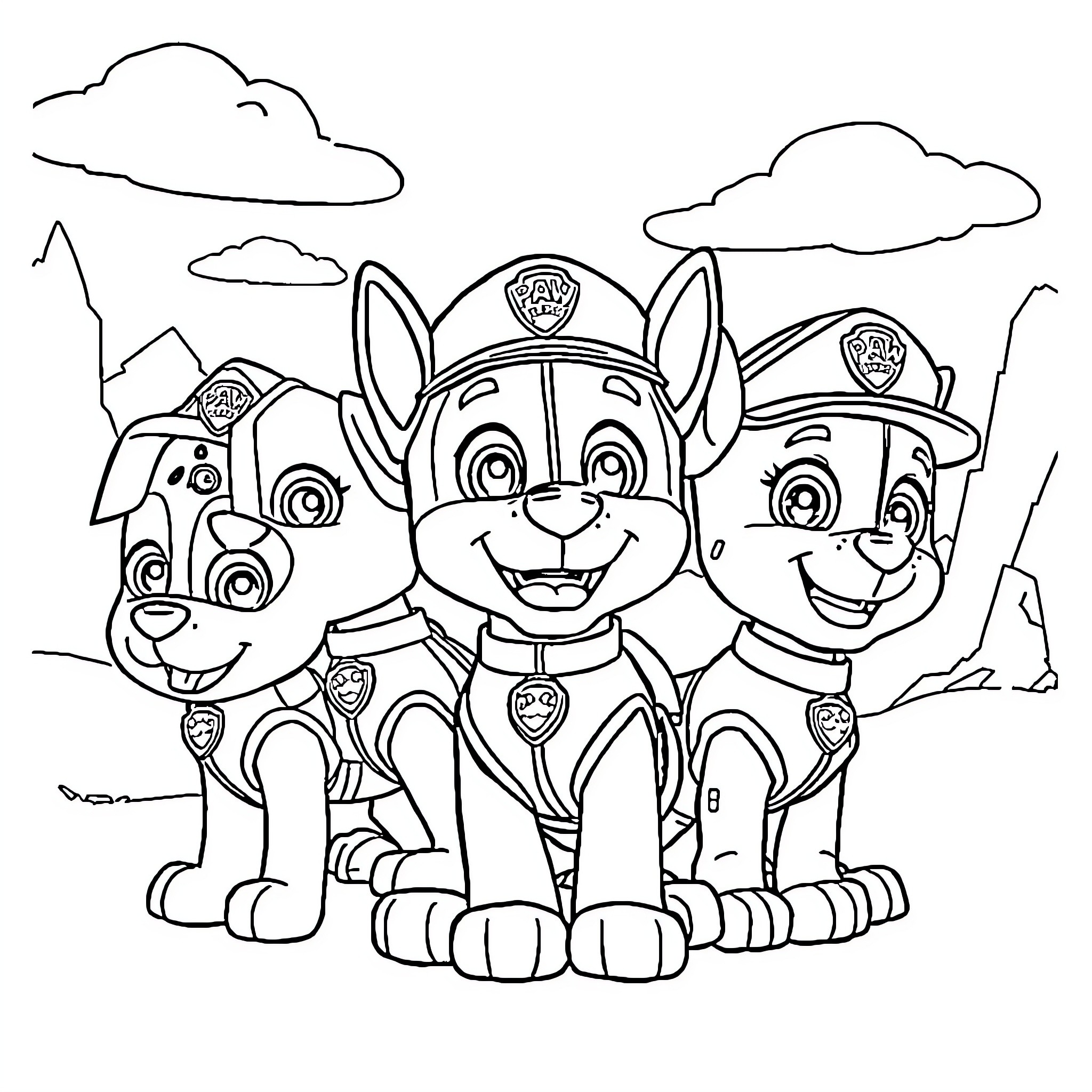 Paw Patrol's Heroic Pups in Action Coloring Page (free black-and-white line drawing printable PDF for all, from beginners to advanced learners, including children, teens, adults, and seniors)