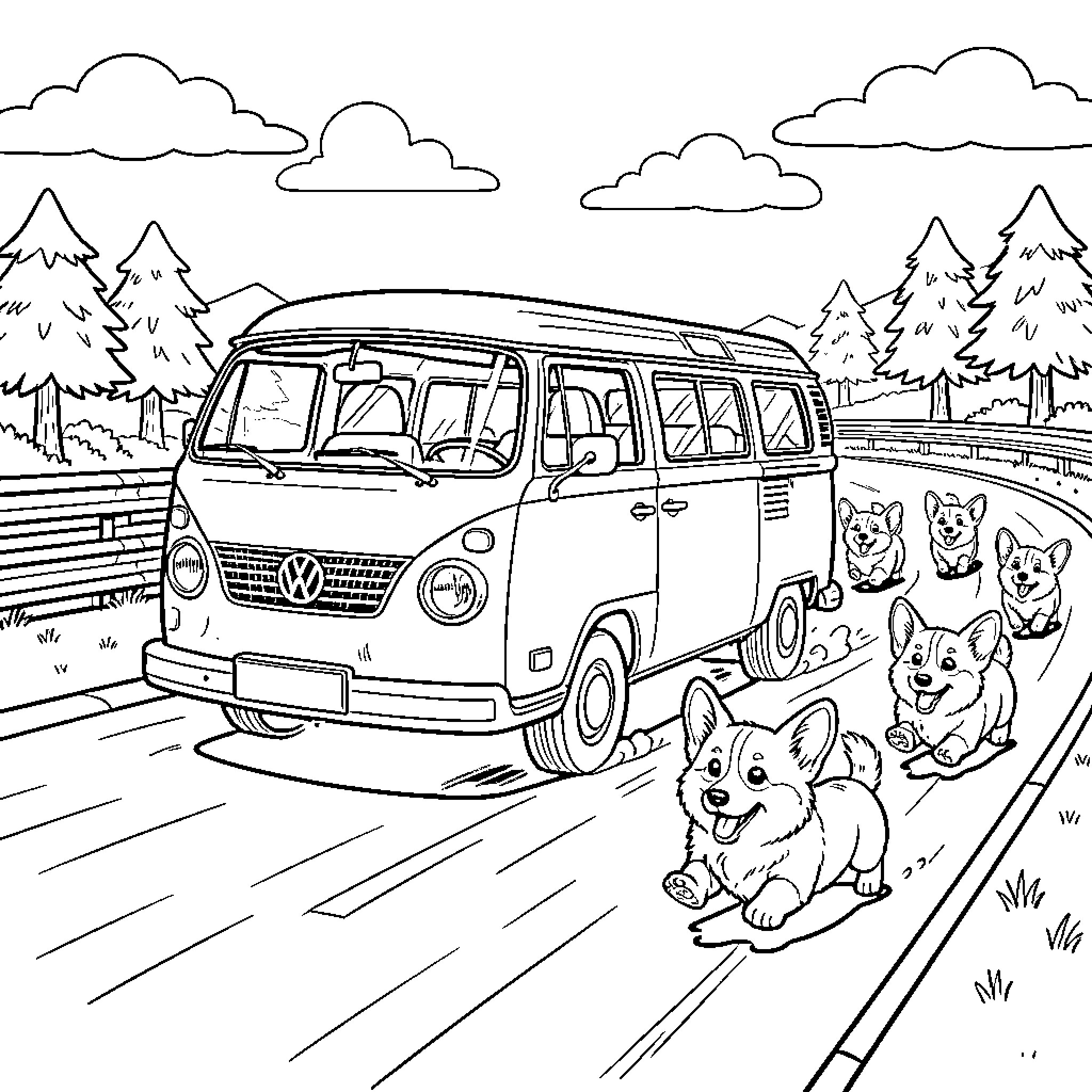 Combi VW driving along a road with happy corgis Coloring Page (free black-and-white line drawing printable PDF for all, from beginners to advanced learners, including children, teens, adults, and seniors)