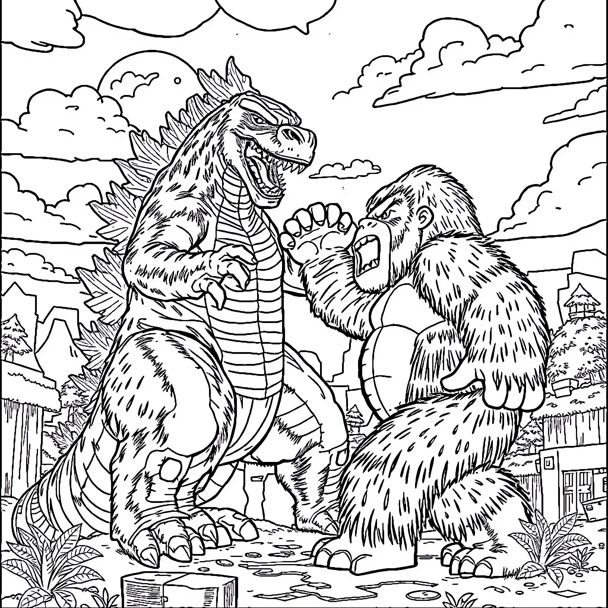 Godzilla confronting a mighty beast in a fiery landscape Coloring Page (free black-and-white line drawing printable PDF for all, from beginners to advanced learners, including children, teens, adults, and seniors)
