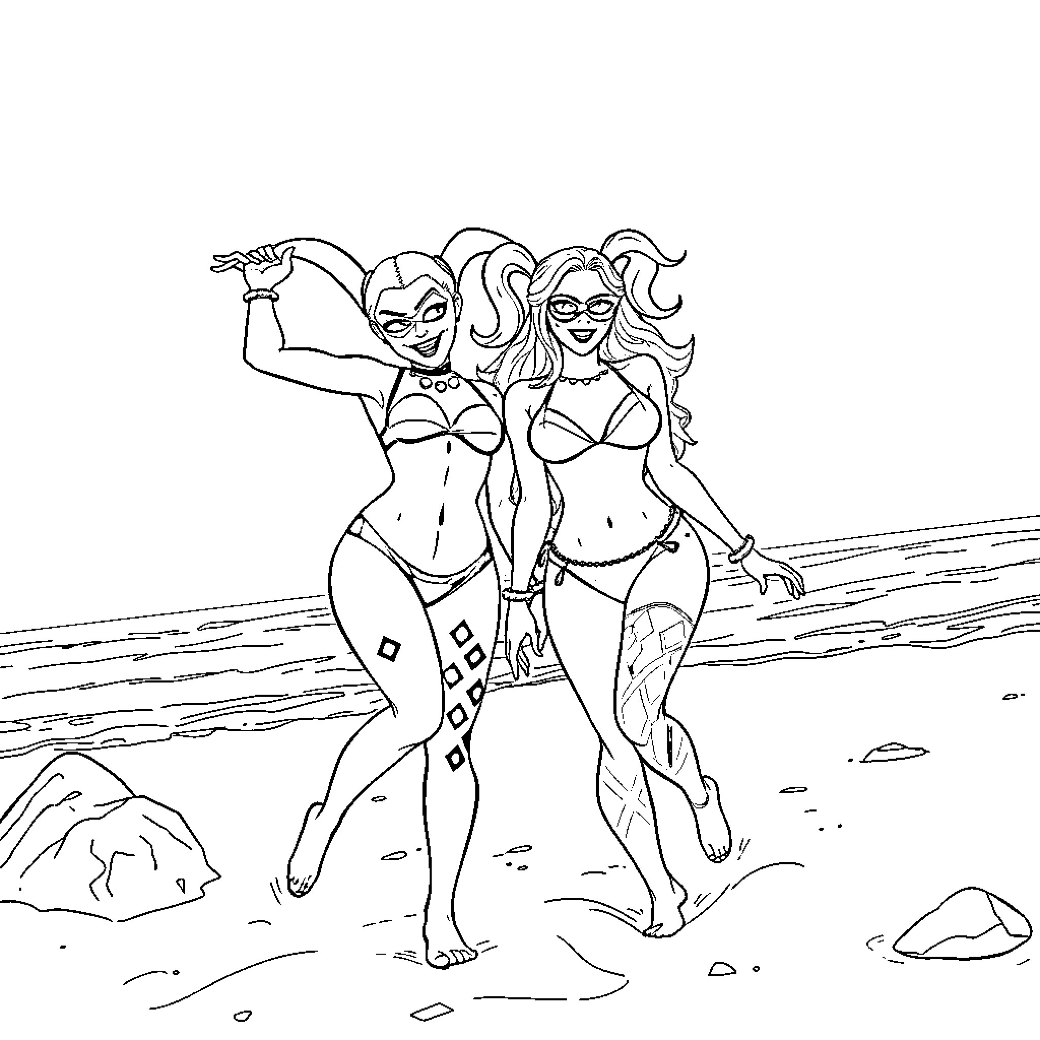 Harley Quinn and a Female Companion Posing on a Beach Coloring Page (free black-and-white line drawing printable PDF for all, from beginners to advanced learners, including children, teens, adults, and seniors)