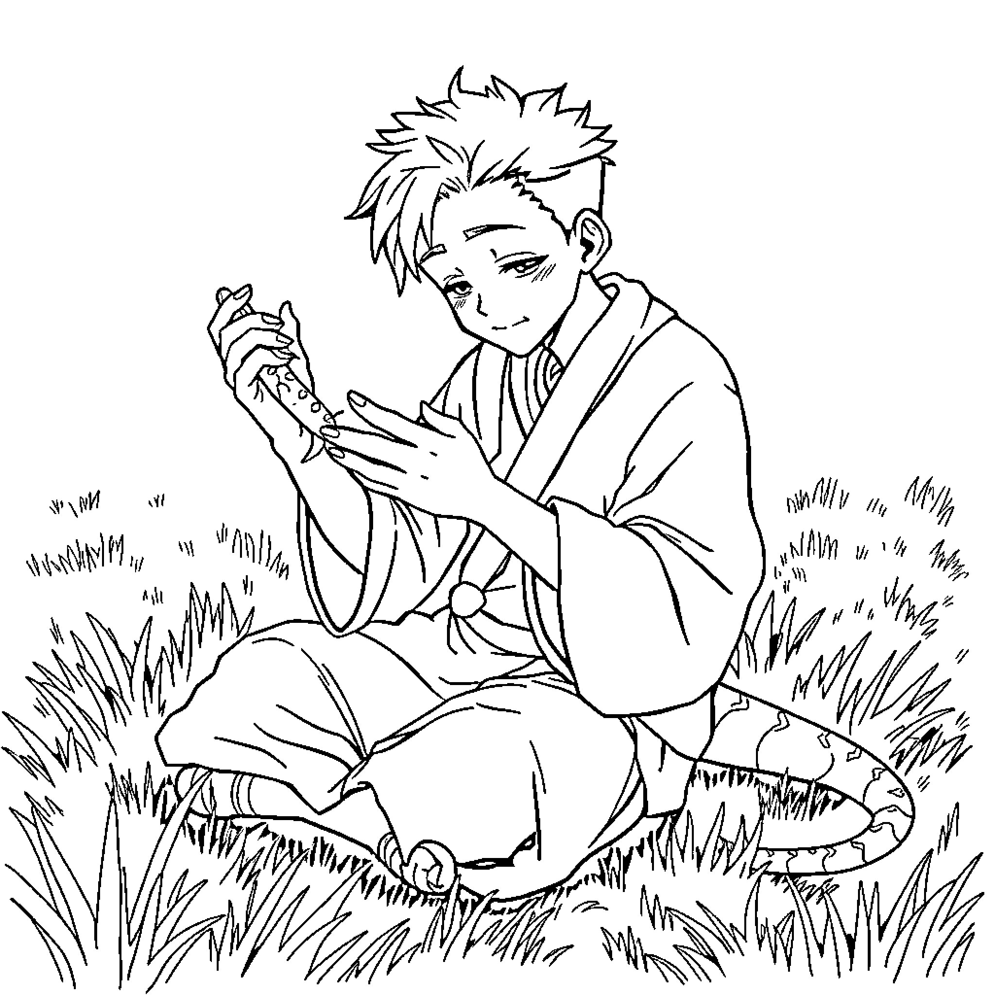 Obanai contemplating in a grassy field Coloring Page (free black-and-white line drawing printable PDF for all, from beginners to advanced learners, including children, teens, adults, and seniors)