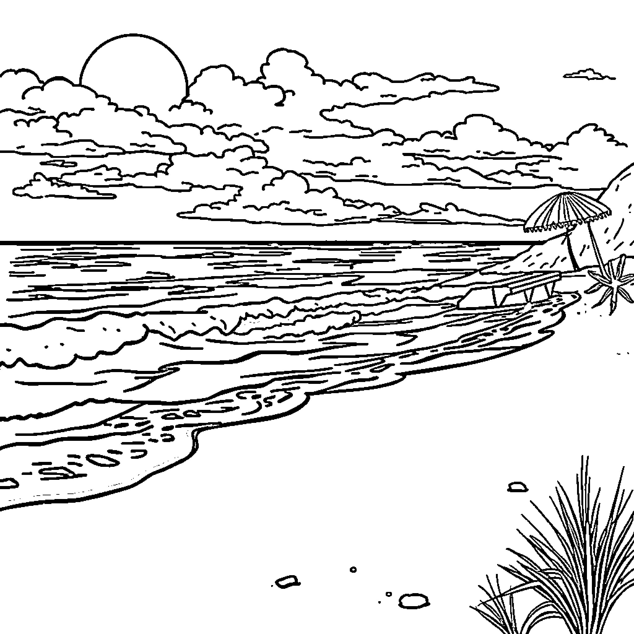 Beach scene with waves and cloudy sky Coloring Page (free black-and-white line drawing printable PDF for all, from beginners to advanced learners, including children, teens, adults, and seniors)