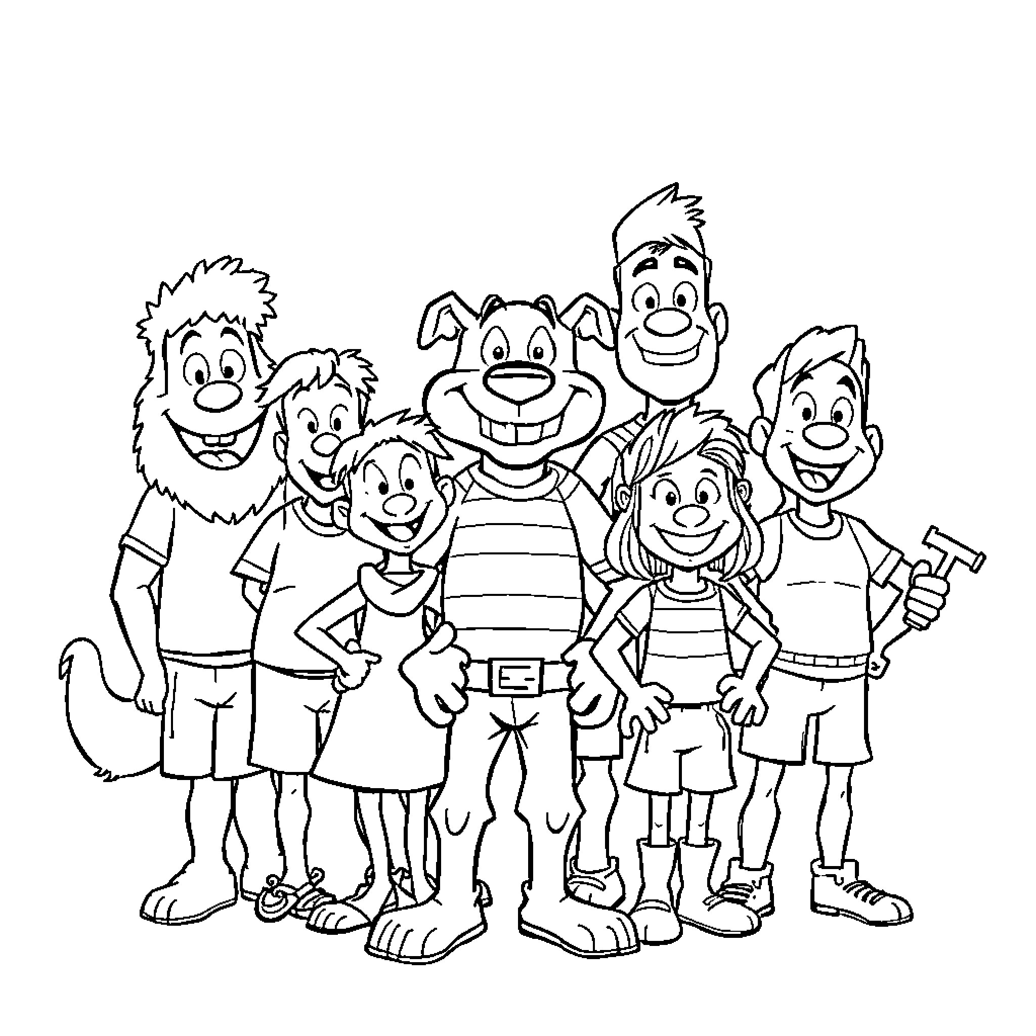 Dogman and friends in happy group portrait Coloring Page (free black-and-white line drawing printable PDF for all, from beginners to advanced learners, including children, teens, adults, and seniors)