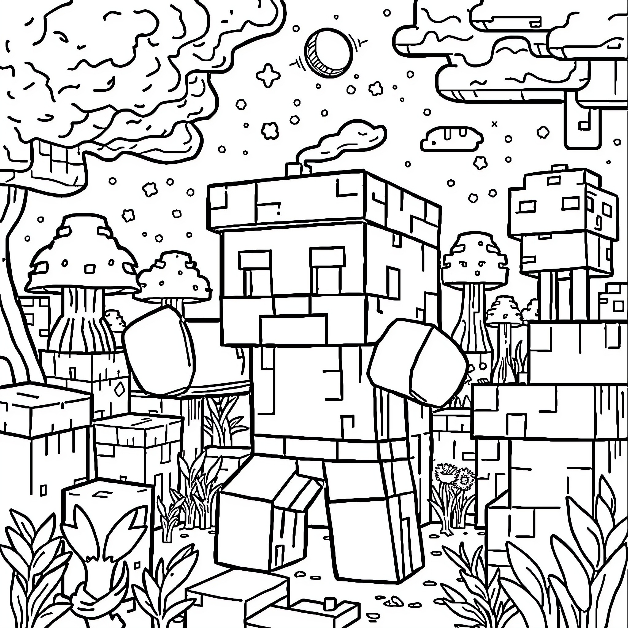 Minecraft Exploration through a Pixelated Landscape Coloring Page (free black-and-white line drawing printable PDF for all, from beginners to advanced learners, including children, teens, adults, and seniors)