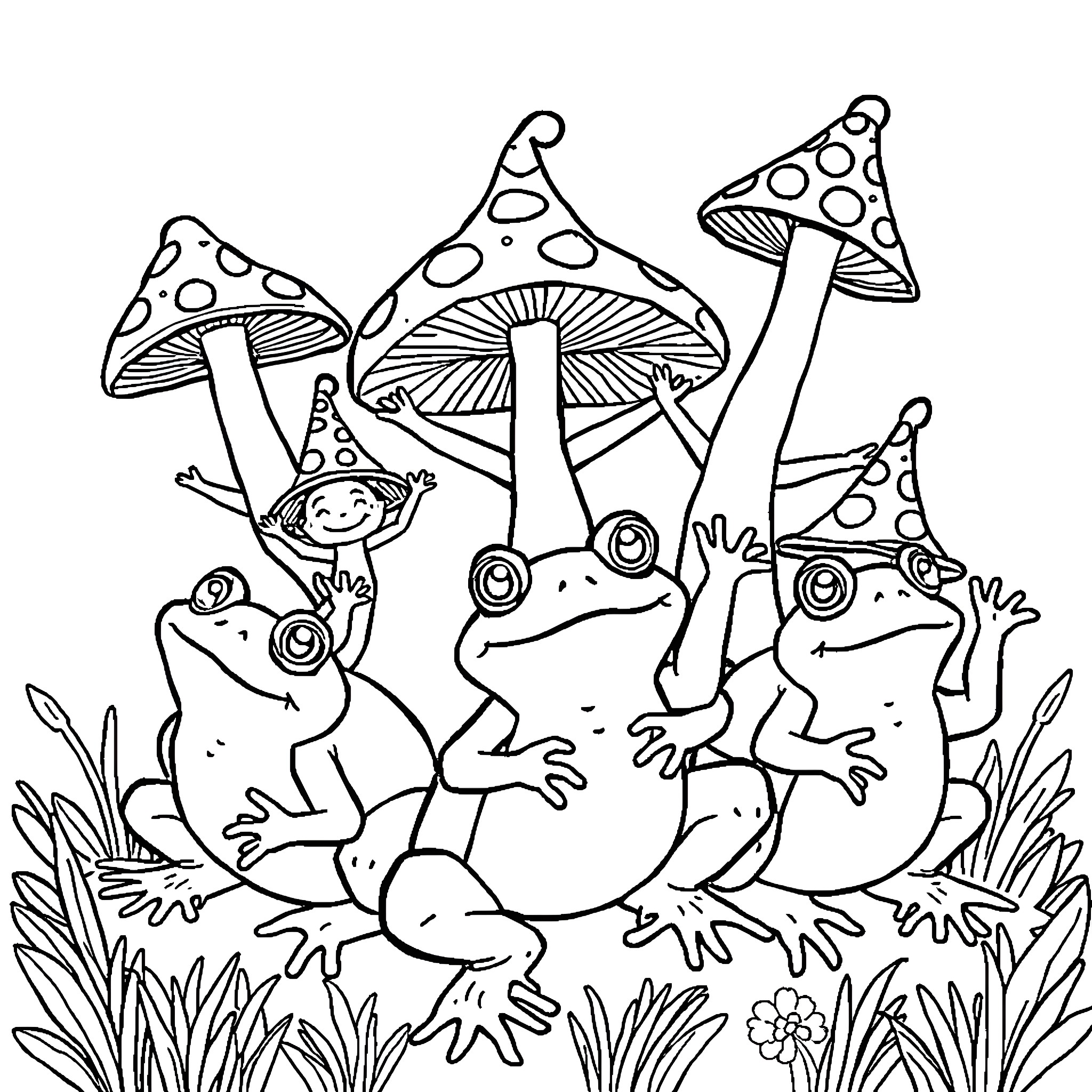 Mushroom Creatures Frolicking in the Forest Coloring Page (free black-and-white line drawing printable PDF for all, from beginners to advanced learners, including children, teens, adults, and seniors)