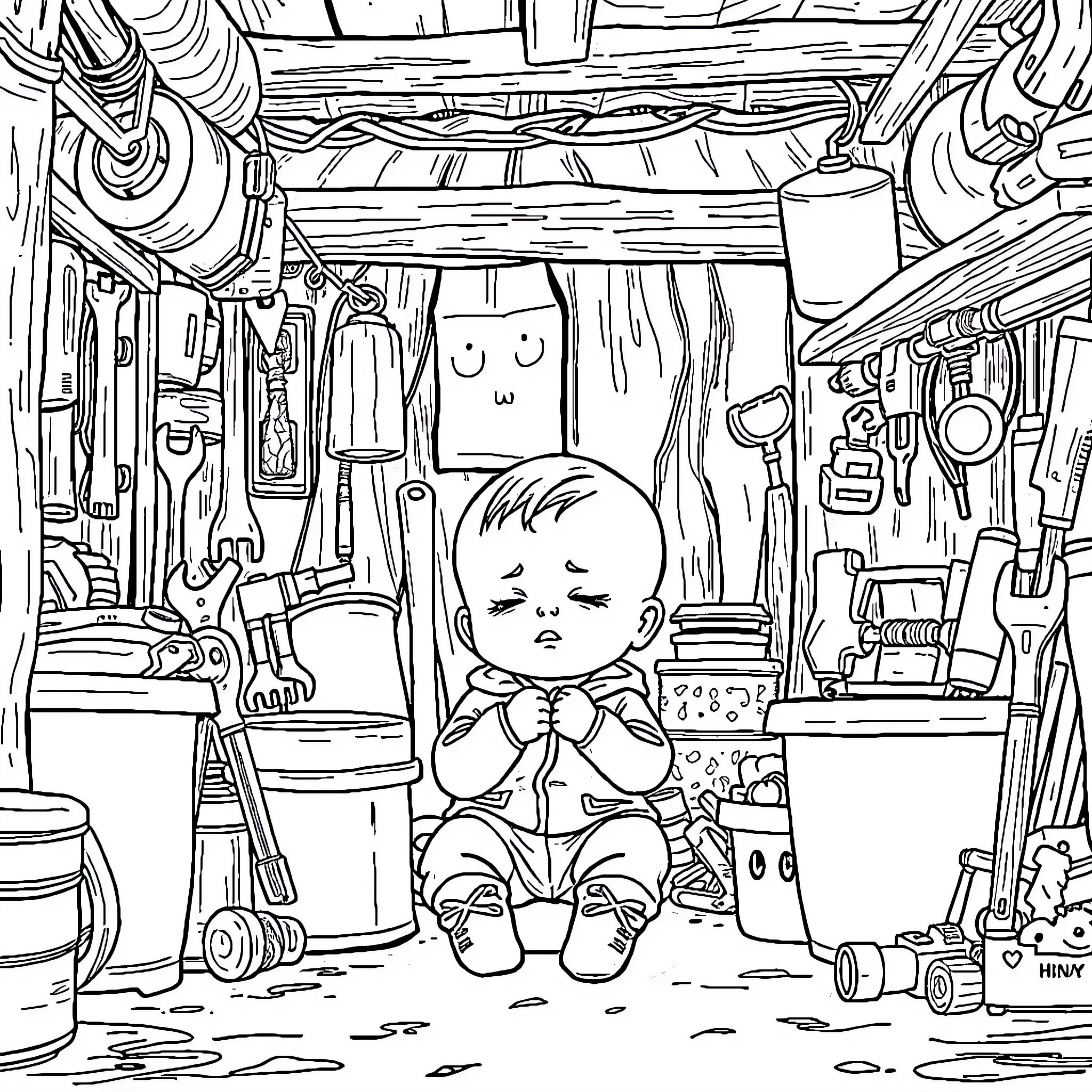 Baby exploring a cluttered workshop Coloring Page (free black-and-white line drawing printable PDF for all, from beginners to advanced learners, including children, teens, adults, and seniors)