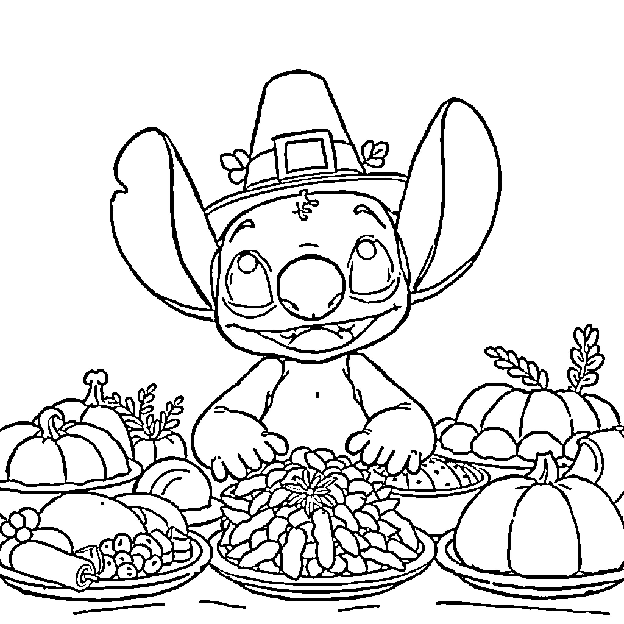 Stitch enjoying a Thanksgiving feast Coloring Page (free black-and-white line drawing printable PDF for all, from beginners to advanced learners, including children, teens, adults, and seniors)