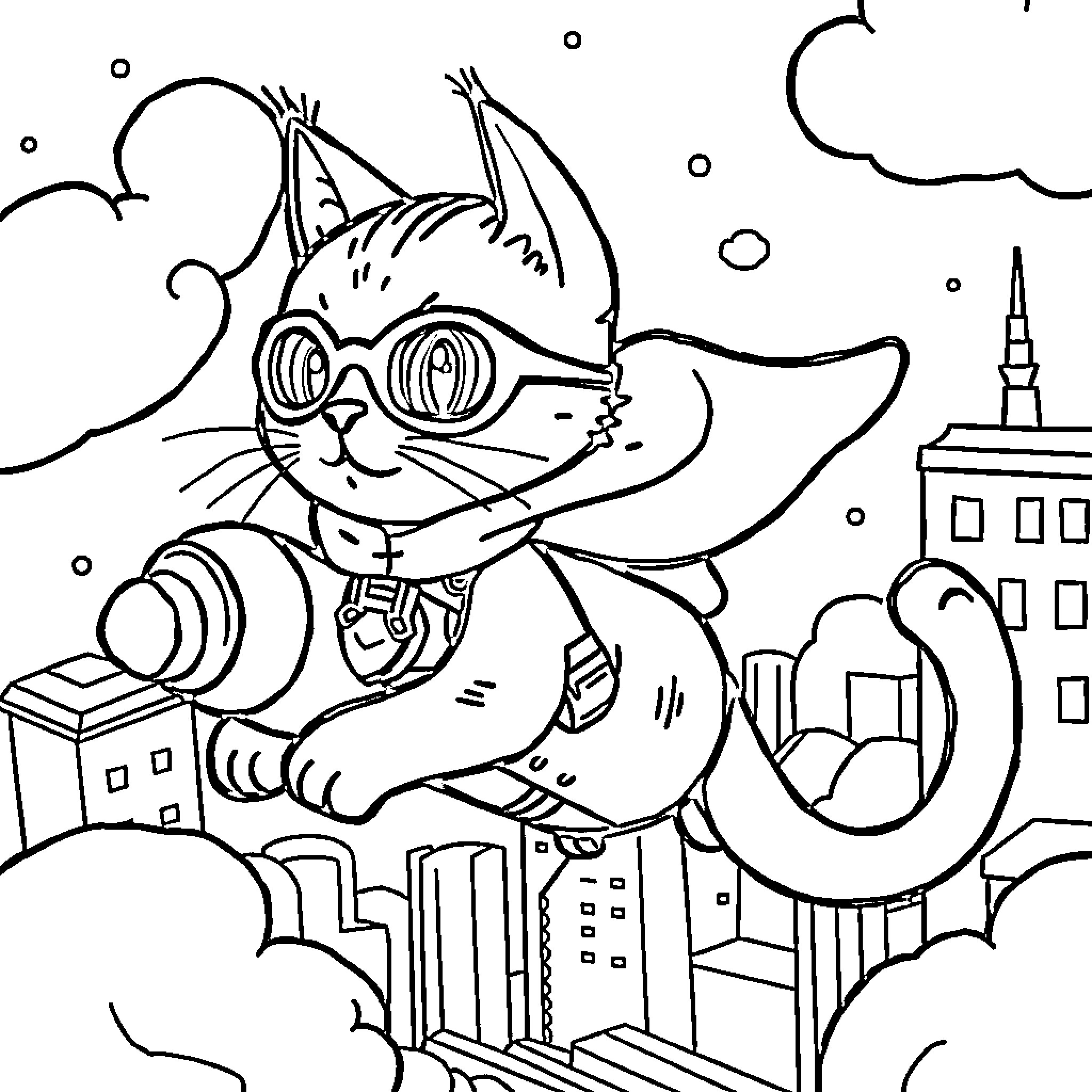 Héroe gato volador que explora la ciudad Coloring Page (free black-and-white line drawing printable PDF for all, from beginners to advanced learners, including children, teens, adults, and seniors)