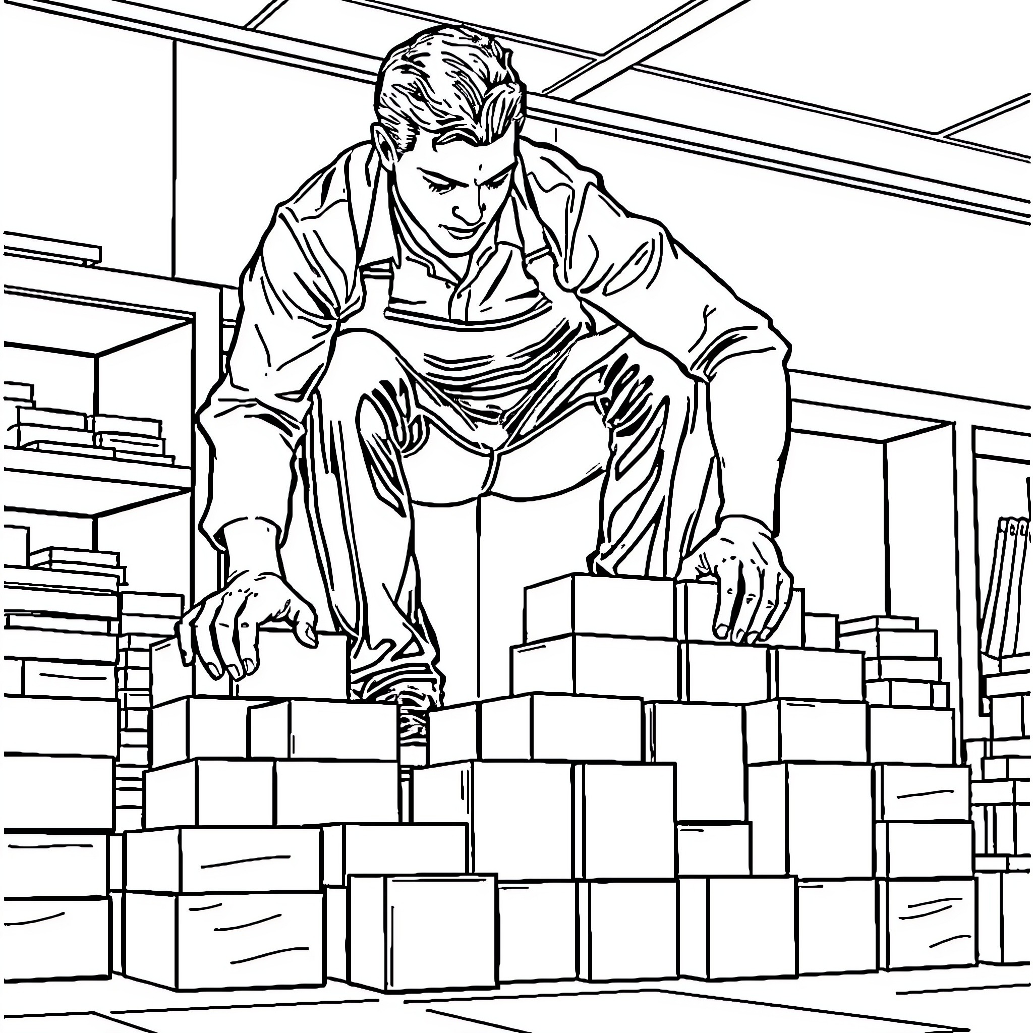 Employee organizing inventory in warehouse Coloring Page (free black-and-white line drawing printable PDF for all, from beginners to advanced learners, including children, teens, adults, and seniors)