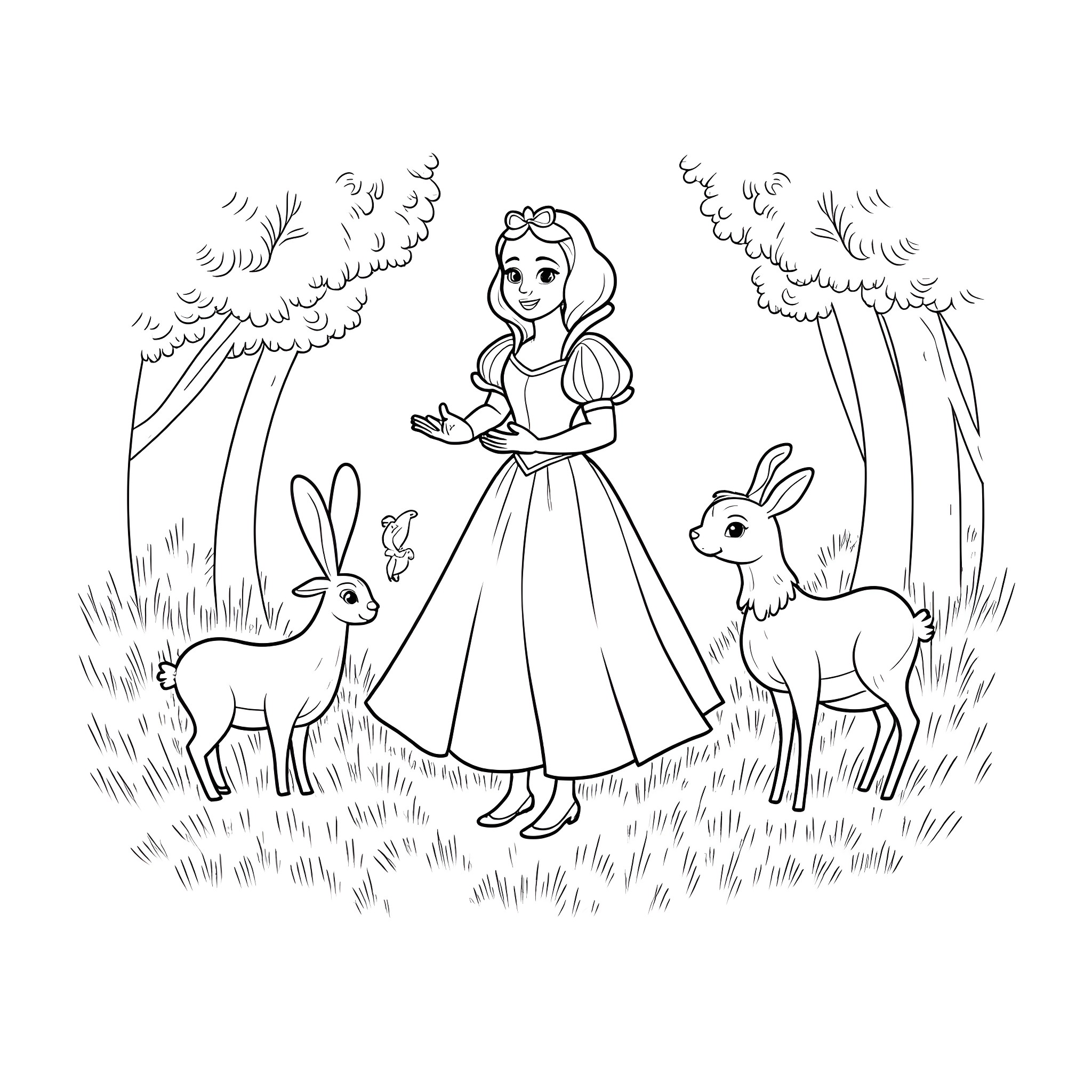 Snow White in the enchanted forest with woodland creatures Coloring Page (free black-and-white line drawing printable PDF for all, from beginners to advanced learners, including children, teens, adults, and seniors)