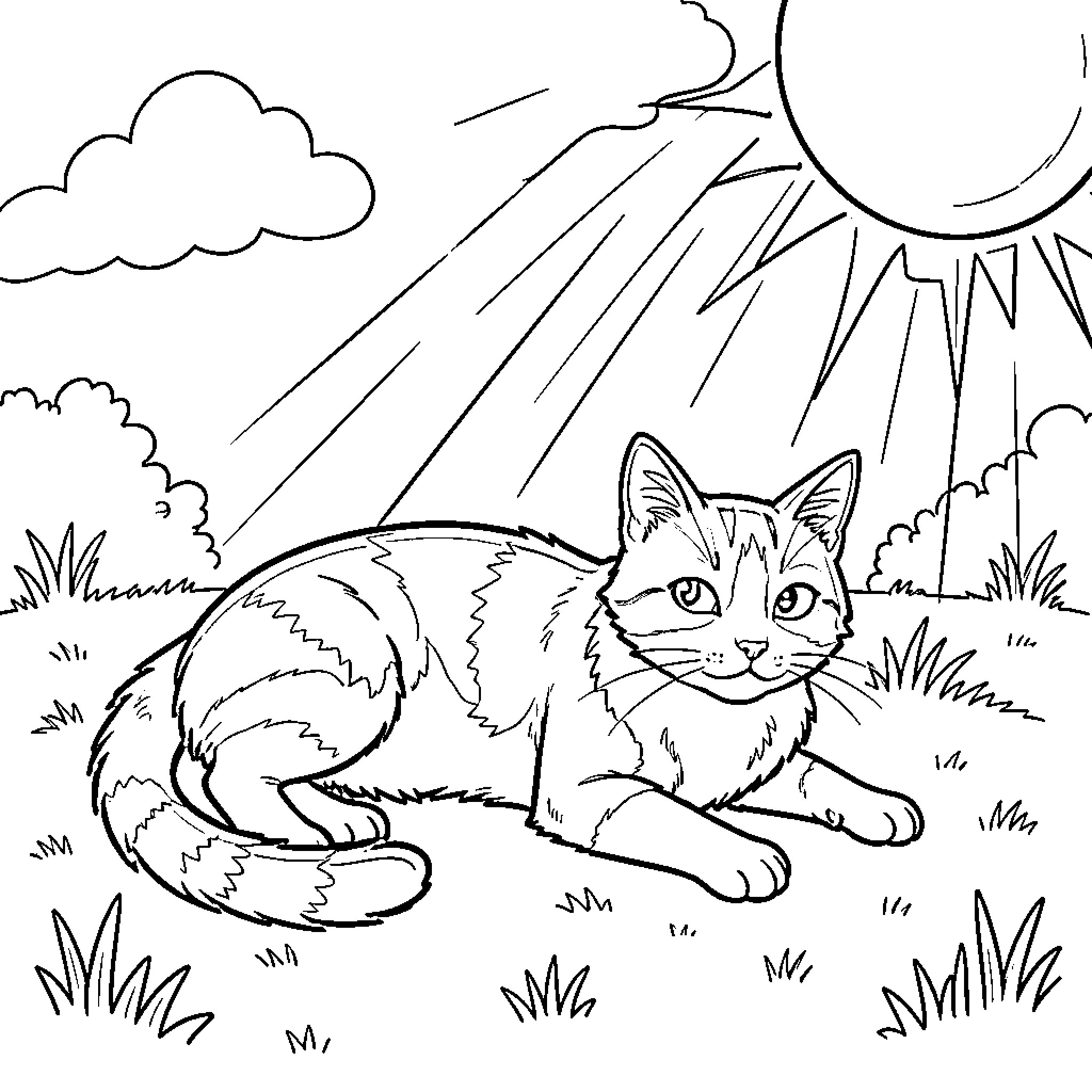 Cat enjoying the sunny day in nature Coloring Page (free black-and-white line drawing printable PDF for all, from beginners to advanced learners, including children, teens, adults, and seniors)
