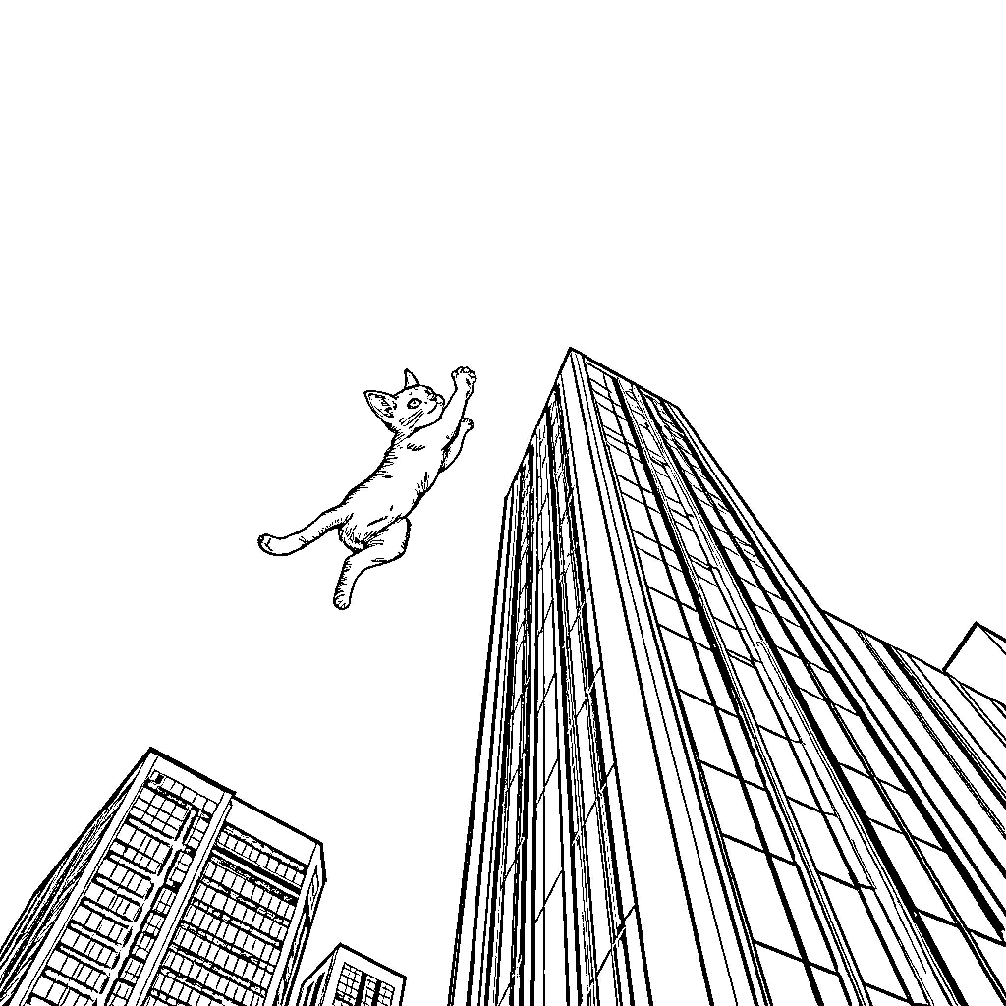 Cat leaping through skyscraper skyline Coloring Page (free black-and-white line drawing printable PDF for all, from beginners to advanced learners, including children, teens, adults, and seniors)