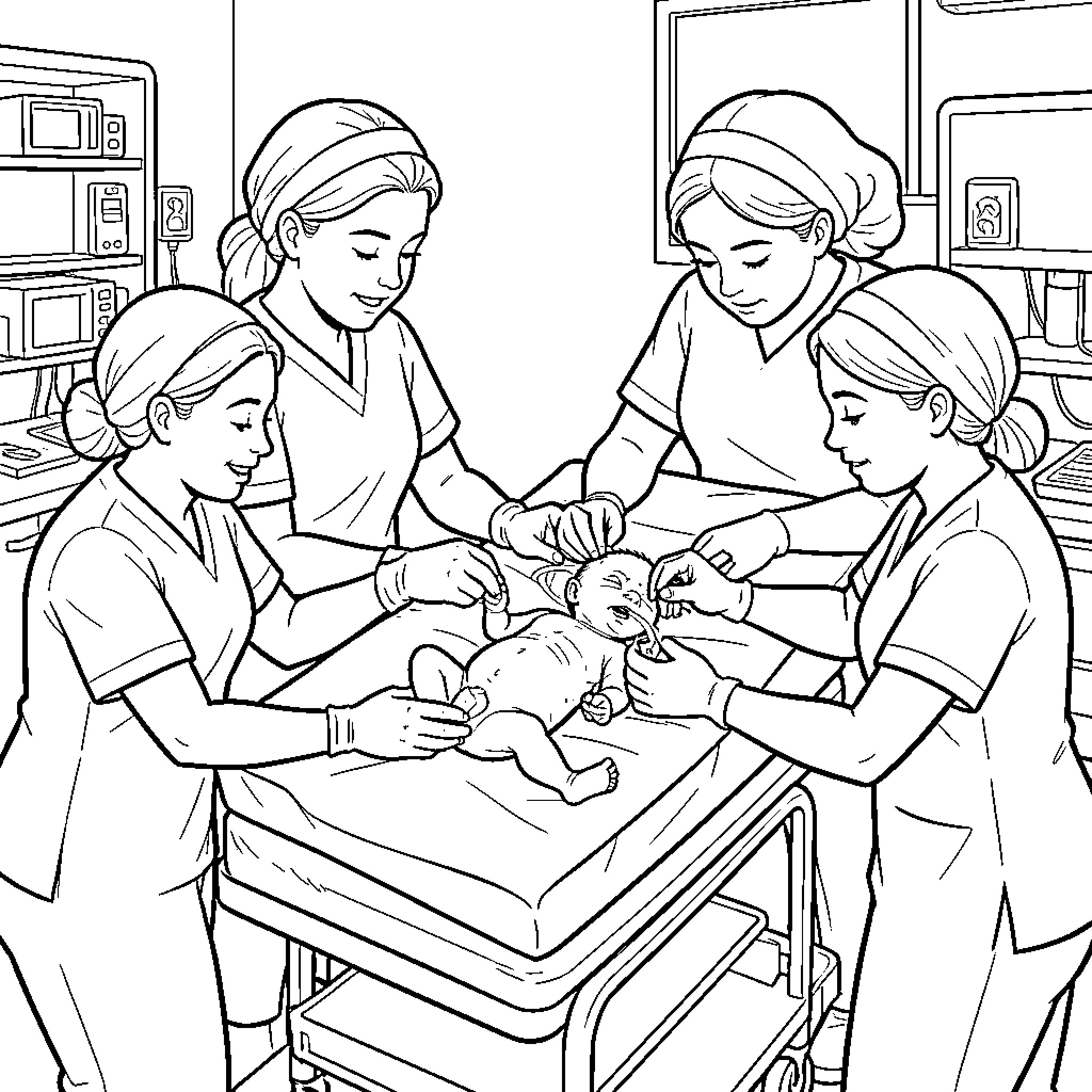 Baby receiving medical care from healthcare professionals Coloring Page (free black-and-white line drawing printable PDF for all, from beginners to advanced learners, including children, teens, adults, and seniors)