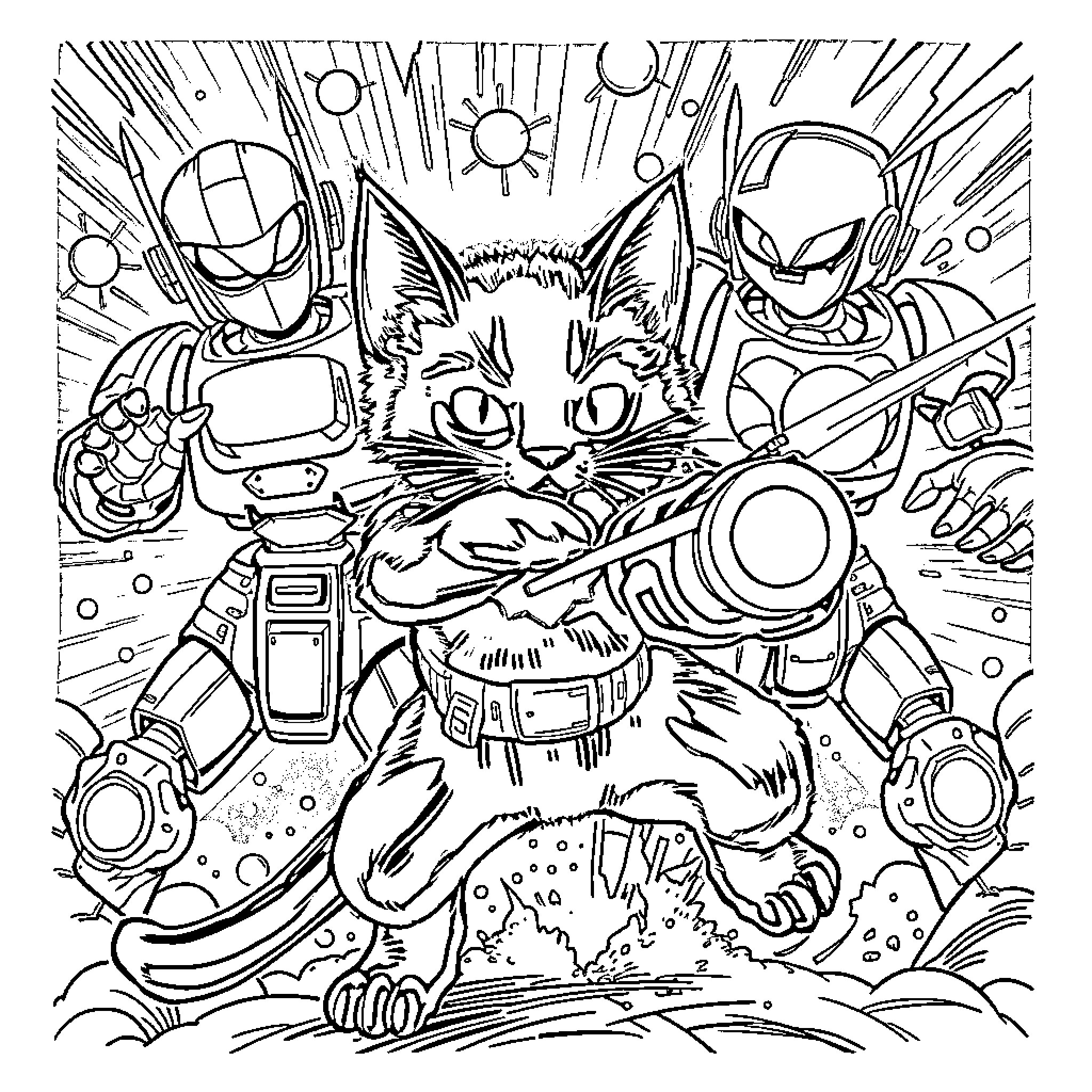 Cat in futuristic sci-fi setting Coloring Page (free black-and-white line drawing printable PDF for all, from beginners to advanced learners, including children, teens, adults, and seniors)