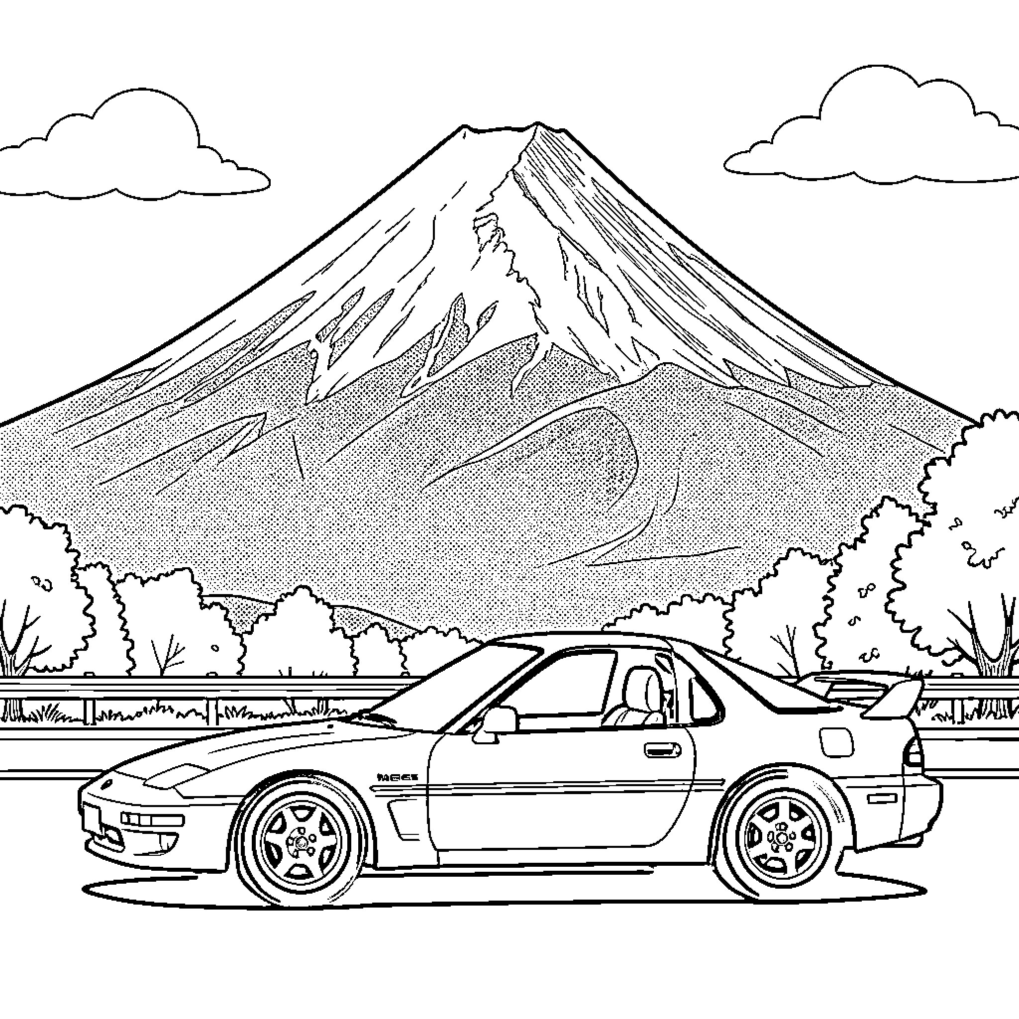 Mazda Rx7 parked in front of a mountain Coloring Page (free black-and-white line drawing printable PDF for all, from beginners to advanced learners, including children, teens, adults, and seniors)