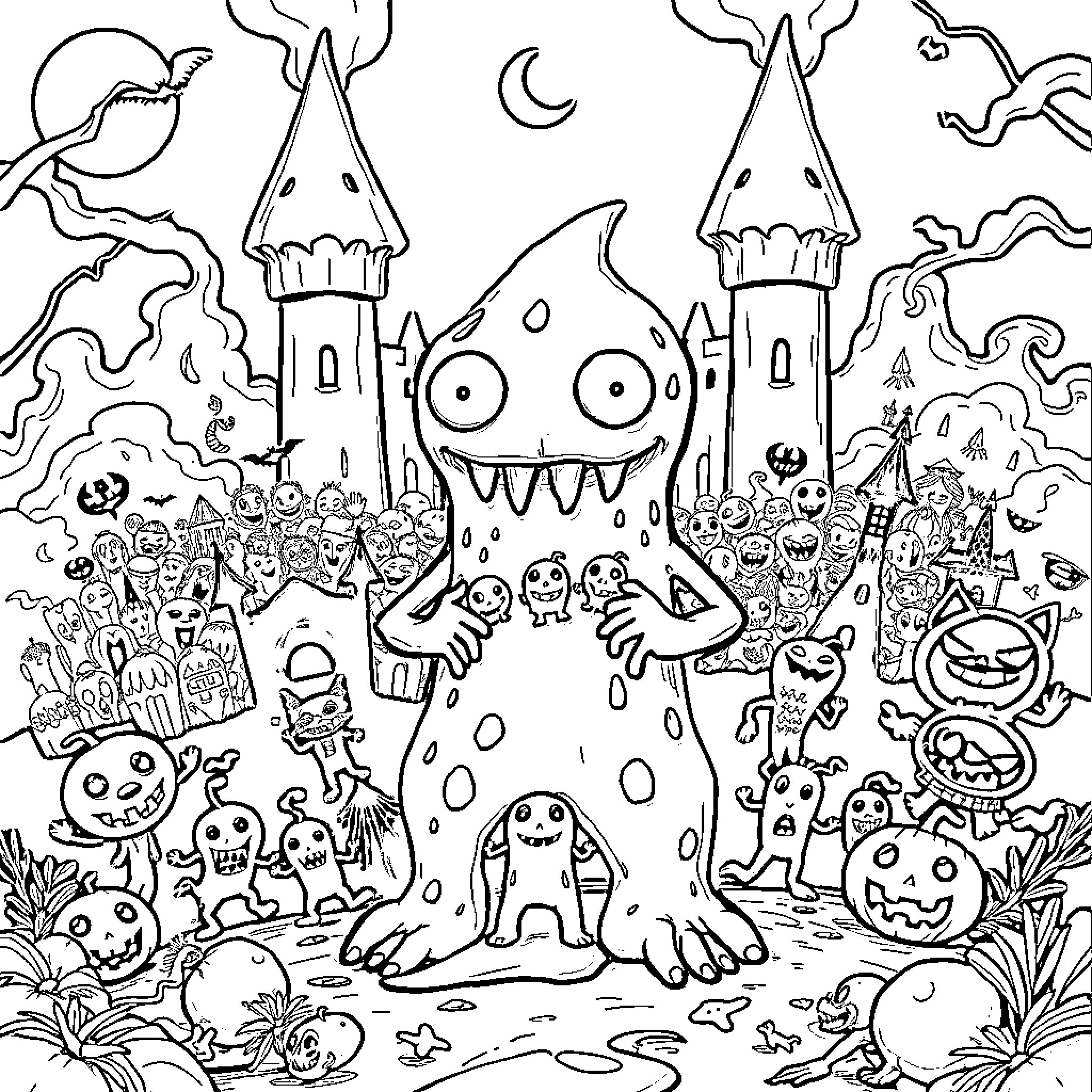 Booger Monster and Spooky Halloween Creatures Coloring Page (free black-and-white line drawing printable PDF for all, from beginners to advanced learners, including children, teens, adults, and seniors)