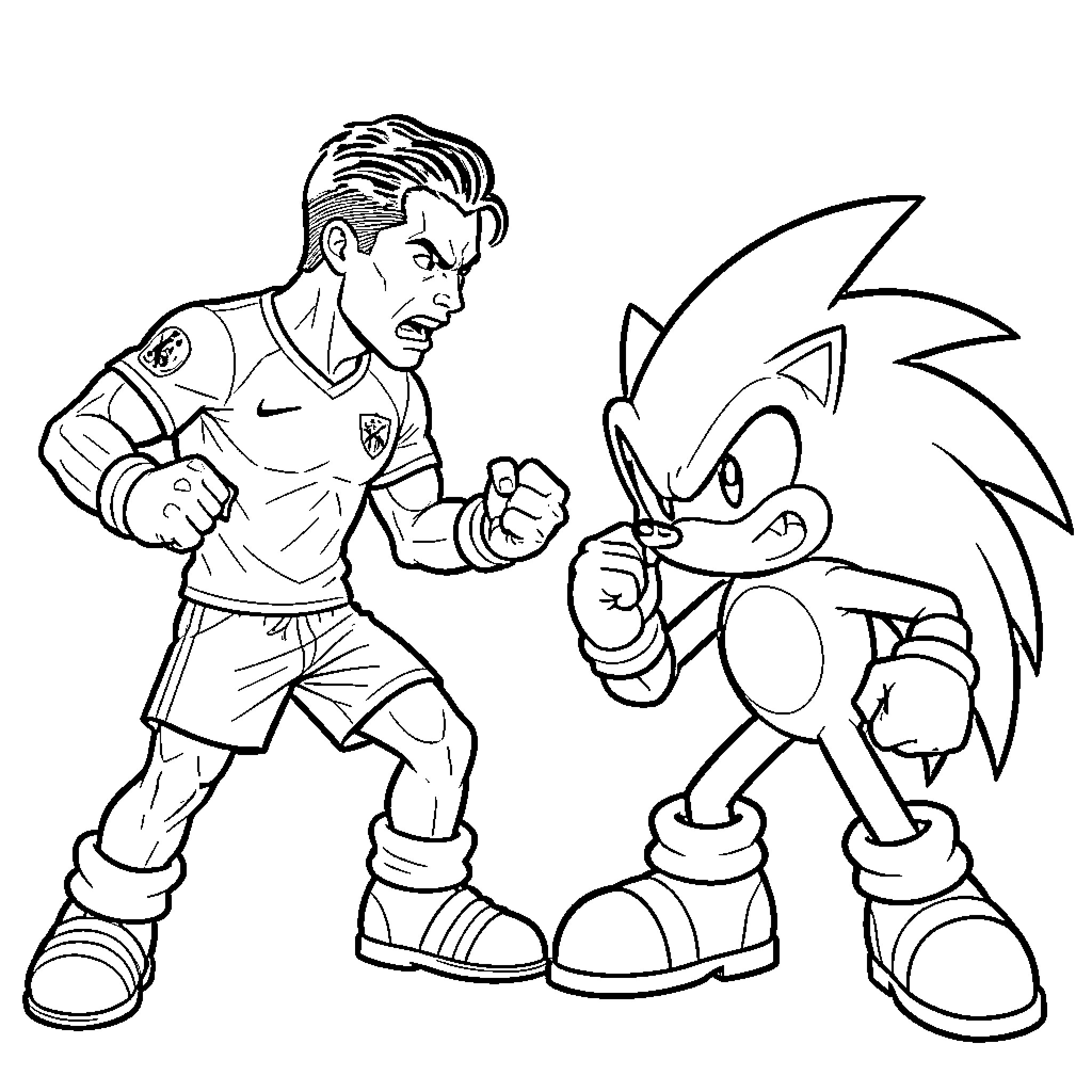 Cristiano Ronaldo facing off against a fierce cartoon character Coloring Page (free black-and-white line drawing printable PDF for all, from beginners to advanced learners, including children, teens, adults, and seniors)
