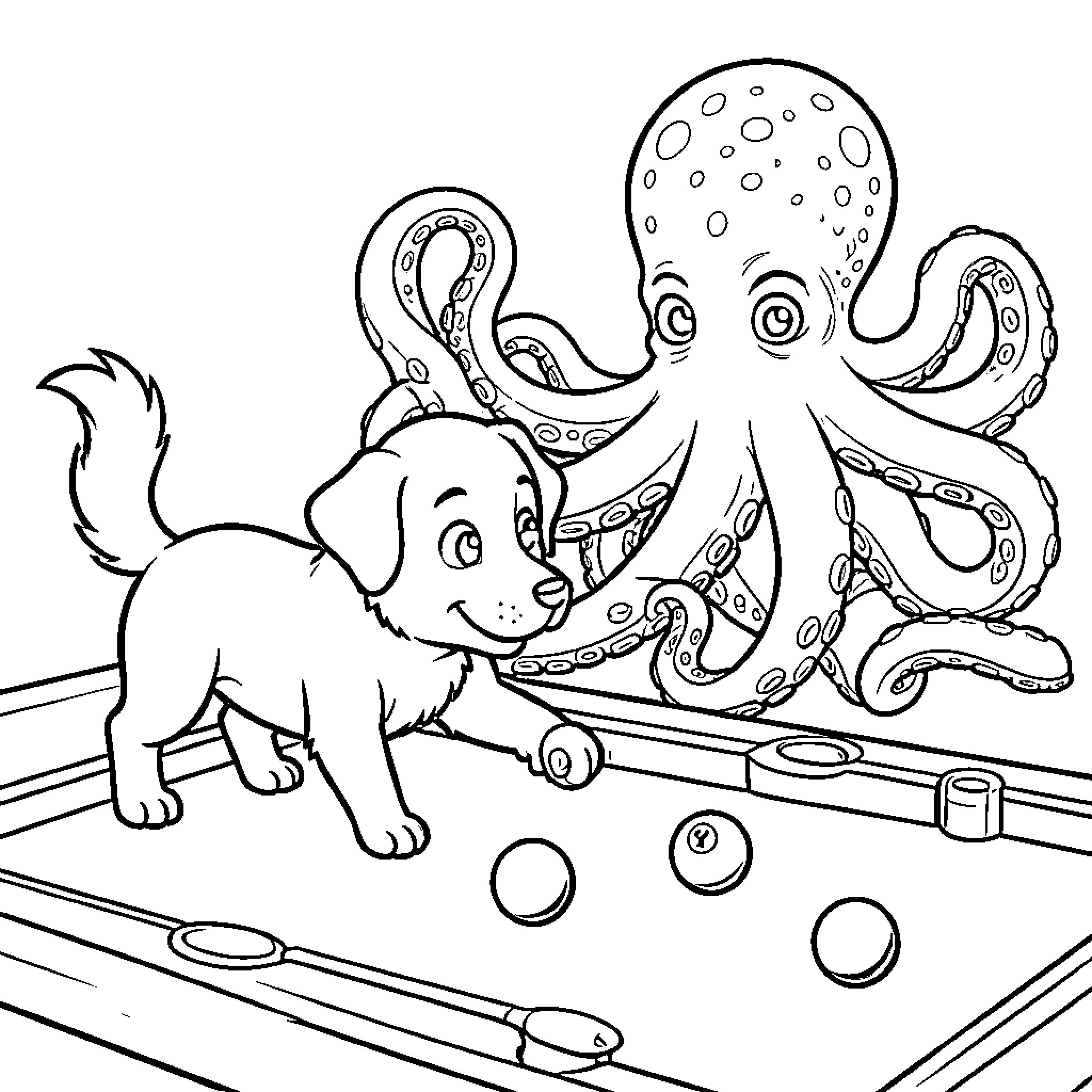 Dog playing with curious octopus on pool table Coloring Page (free black-and-white line drawing printable PDF for all, from beginners to advanced learners, including children, teens, adults, and seniors)