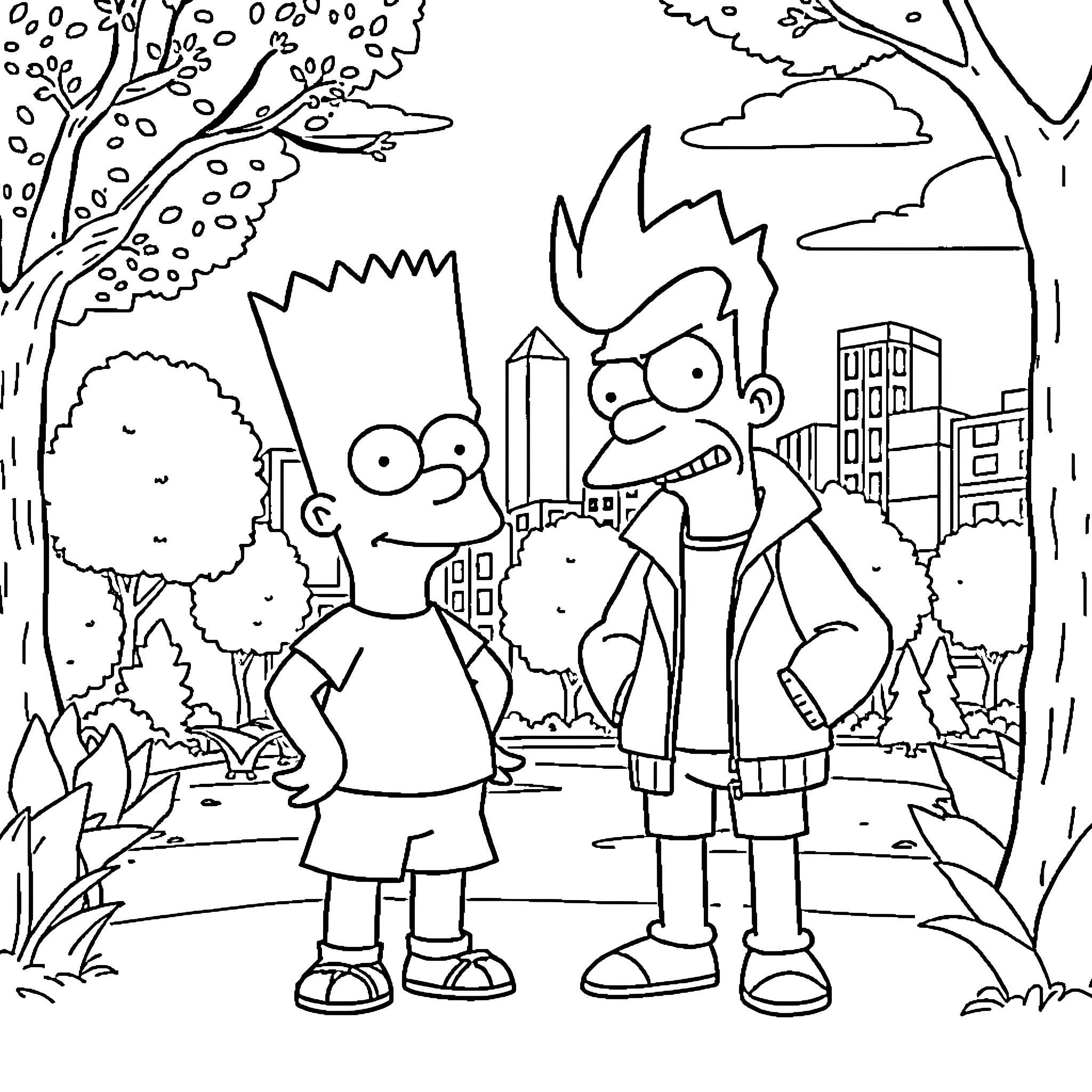 Bart Simpson and friends explore the urban landscape Coloring Page (free black-and-white line drawing printable PDF for all, from beginners to advanced learners, including children, teens, adults, and seniors)