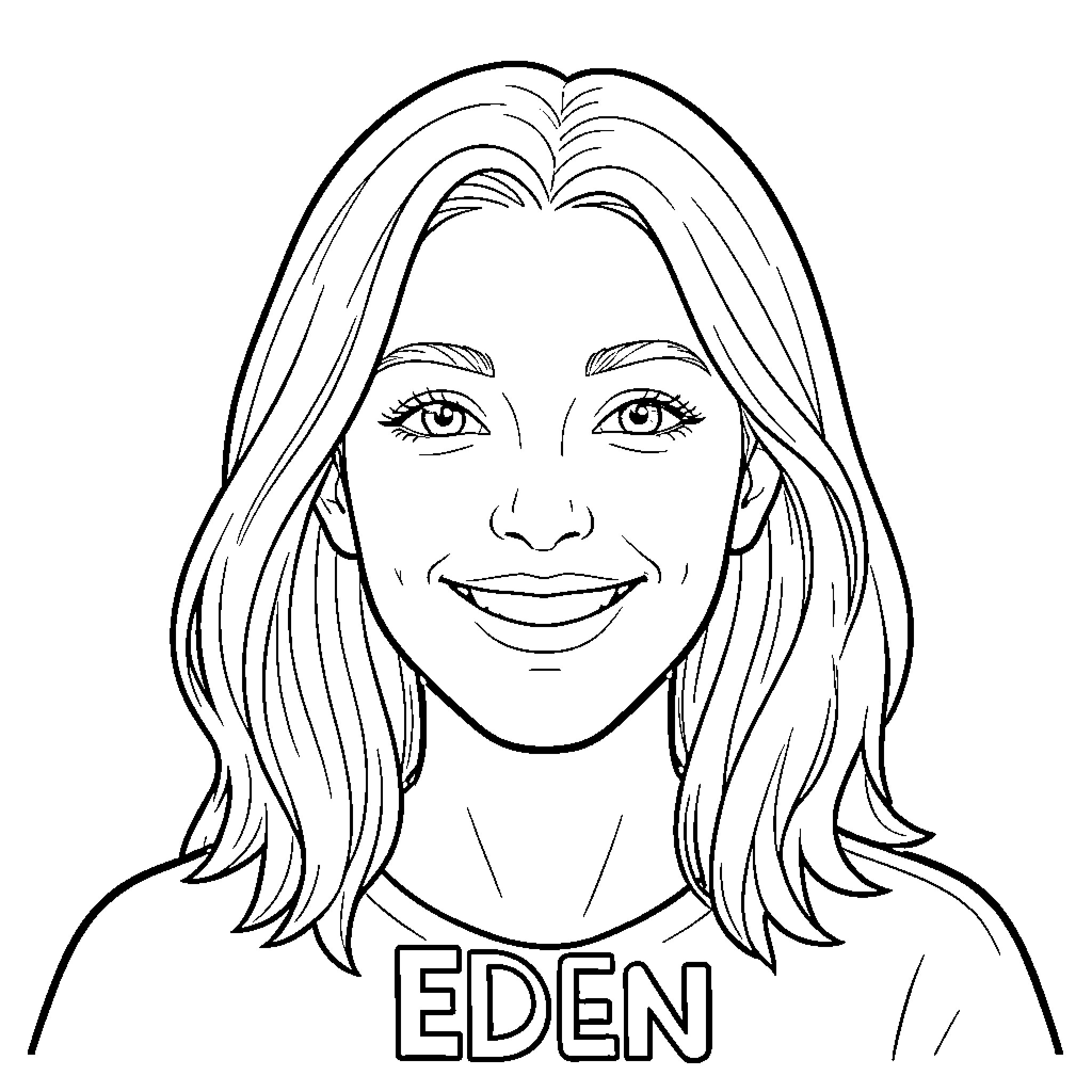 Éden Smiling Portrait Coloring Page (free black-and-white line drawing printable PDF for all, from beginners to advanced learners, including children, teens, adults, and seniors)