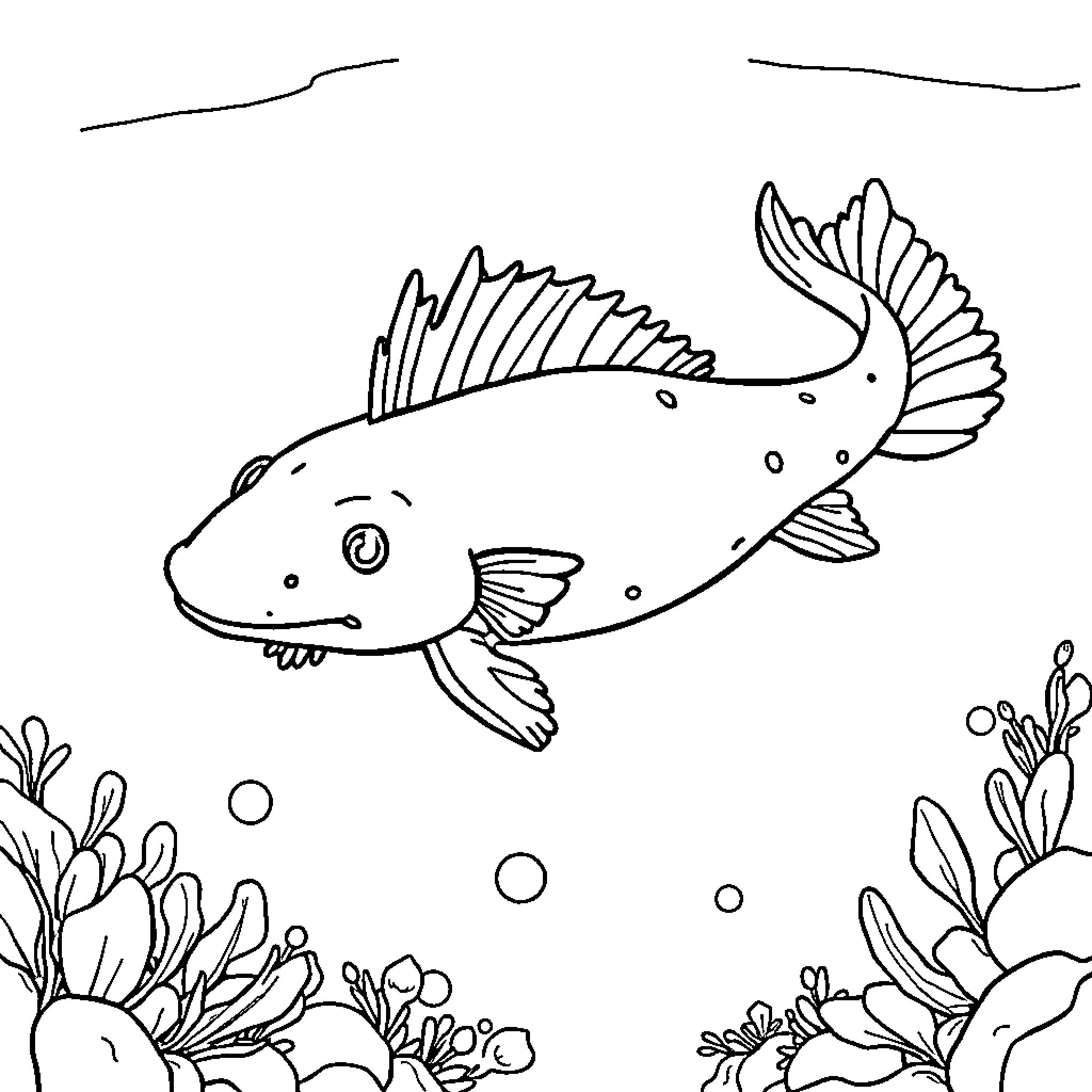 Axolotl swimming gracefully among underwater plants Coloring Page (free black-and-white line drawing printable PDF for all, from beginners to advanced learners, including children, teens, adults, and seniors)