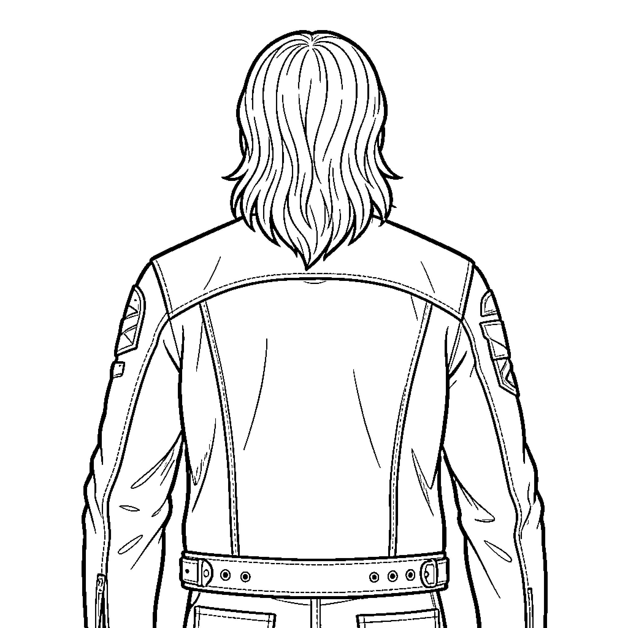 Biker wearing a jacket seen from behind Coloring Page (free black-and-white line drawing printable PDF for all, from beginners to advanced learners, including children, teens, adults, and seniors)