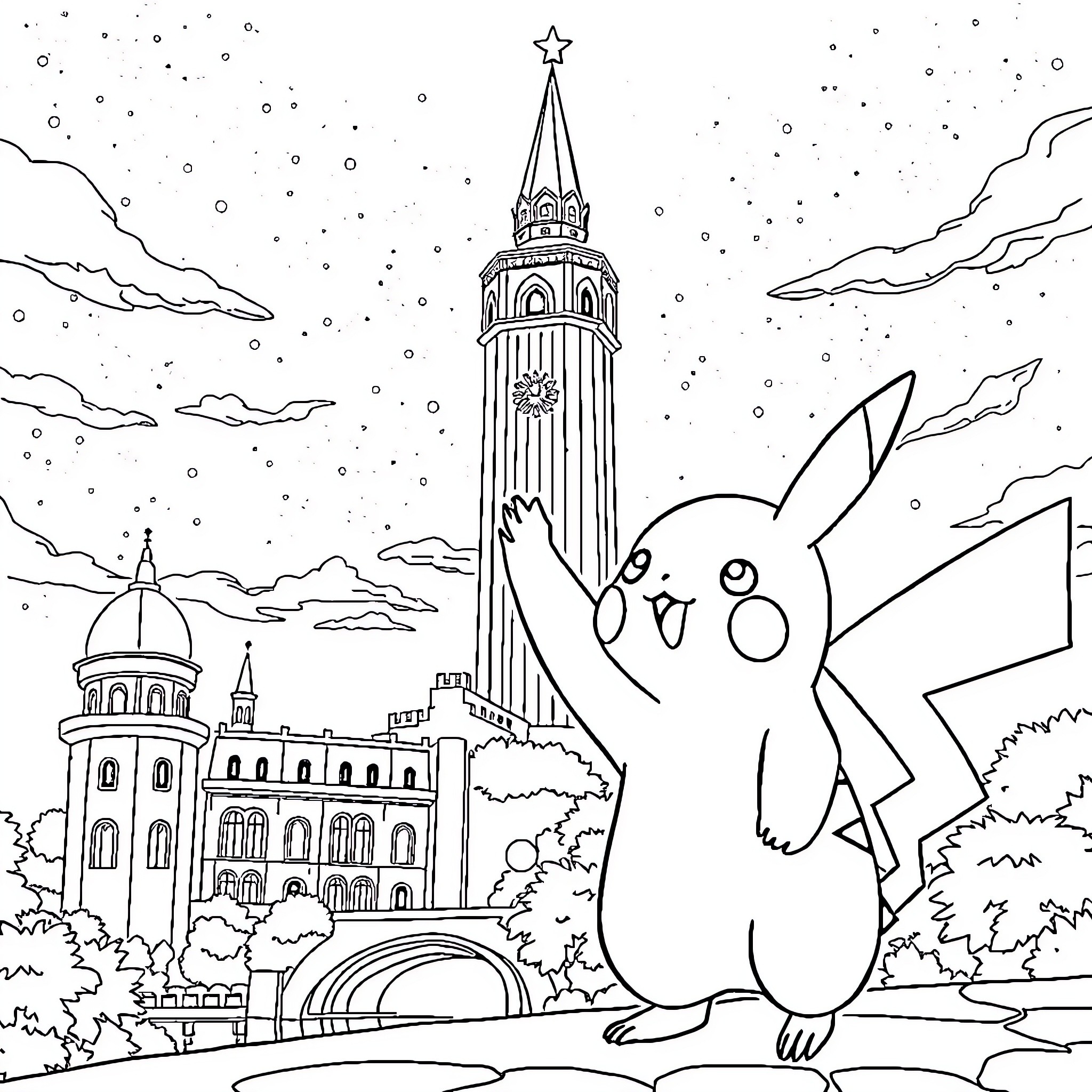 Pikachu Exploring the Enchanted City Coloring Page (free black-and-white line drawing printable PDF for all, from beginners to advanced learners, including children, teens, adults, and seniors)