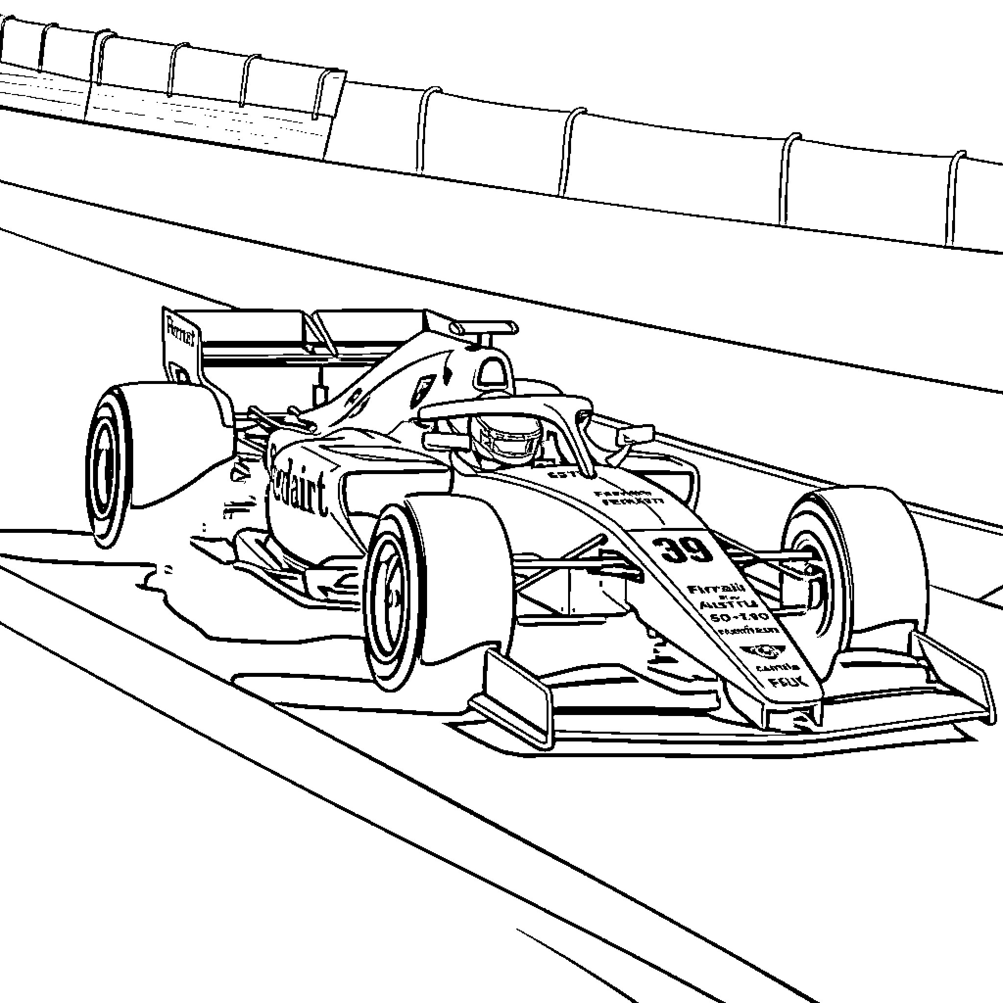 Ferrari F1 car in motion on the racetrack Coloring Page (free black-and-white line drawing printable PDF for all, from beginners to advanced learners, including children, teens, adults, and seniors)