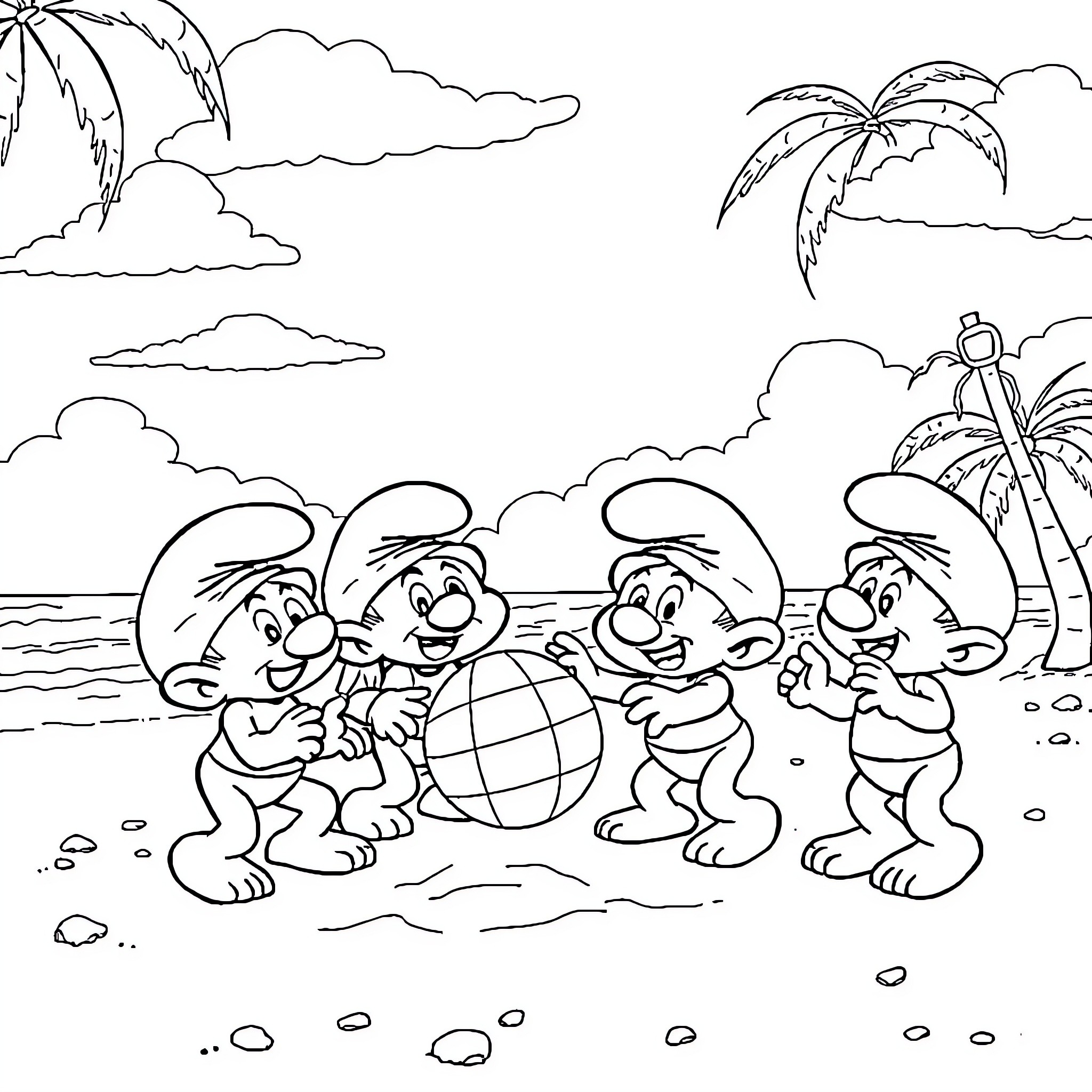 Smurfs playing on the beach with beach ball Coloring Page (free black-and-white line drawing printable PDF for all, from beginners to advanced learners, including children, teens, adults, and seniors)