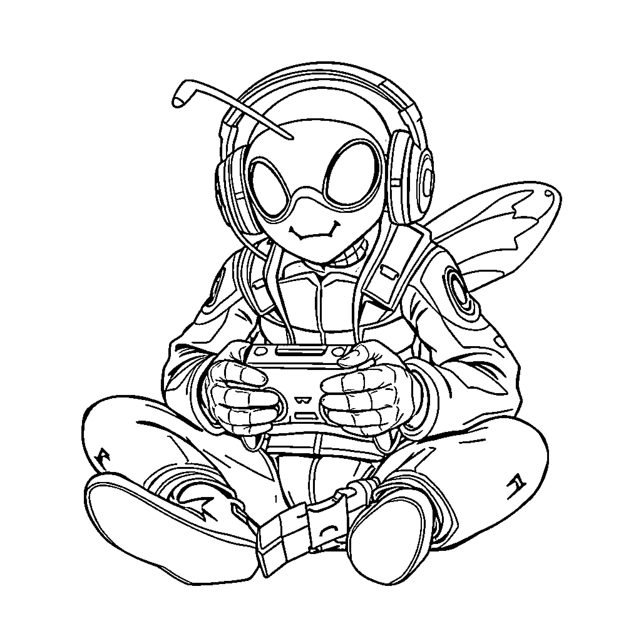 Wasp-themed superhero playing video game Coloring Page (free black-and-white line drawing printable PDF for all, from beginners to advanced learners, including children, teens, adults, and seniors)