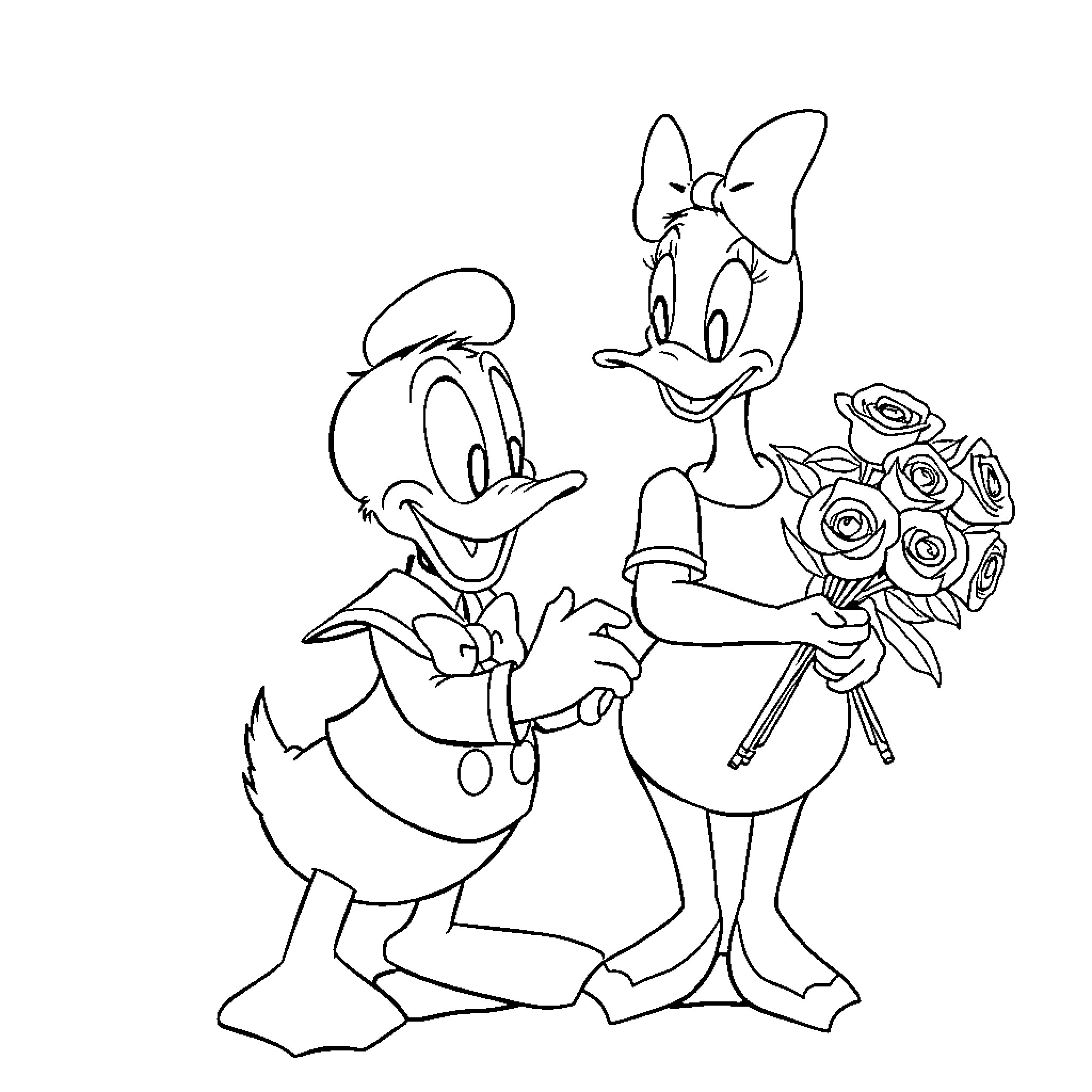 Donald Duck Proposing to Daisy Duck with Flowers Coloring Page (free black-and-white line drawing printable PDF for all, from beginners to advanced learners, including children, teens, adults, and seniors)