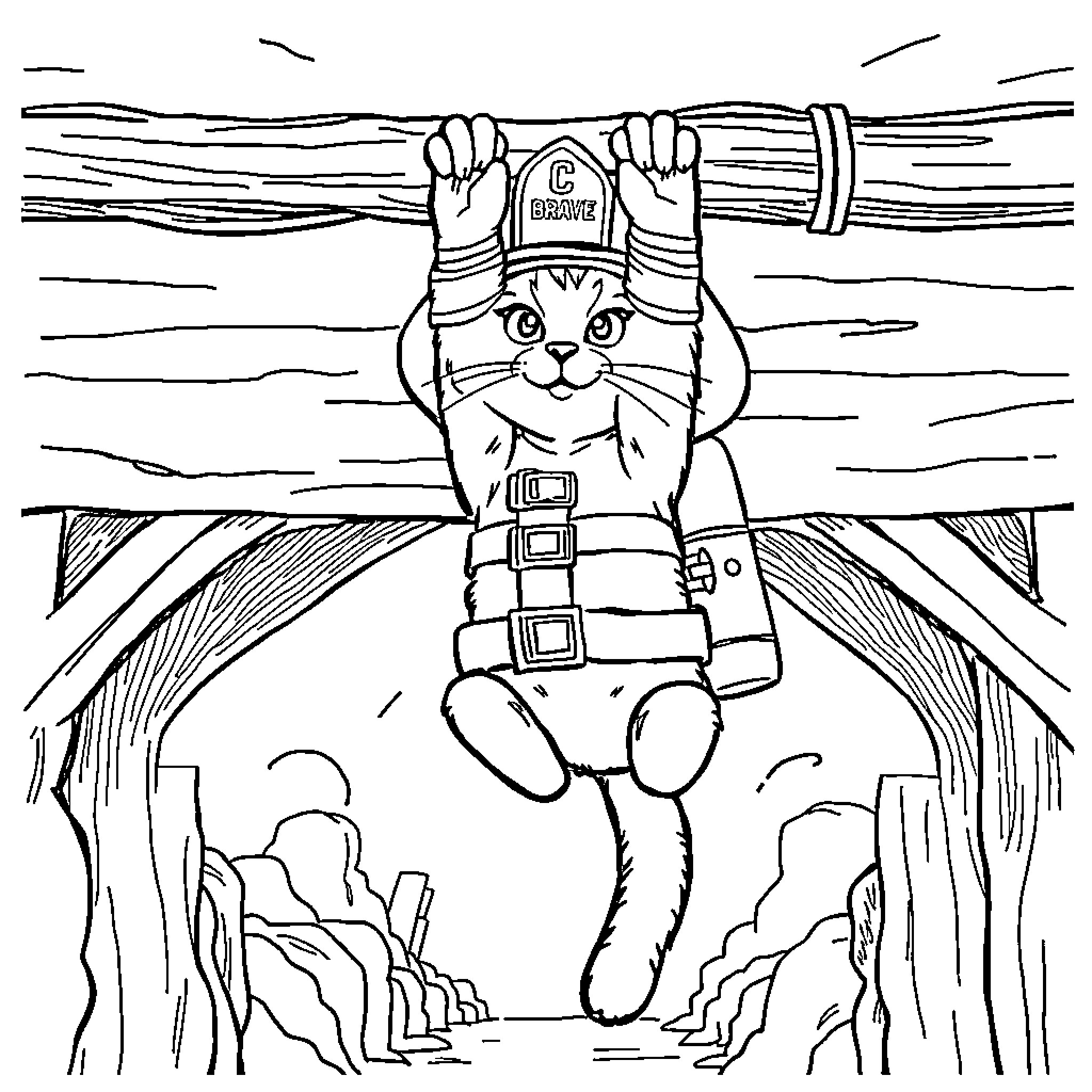 Cat Adventurer Scaling the Rugged Terrain Coloring Page (free black-and-white line drawing printable PDF for all, from beginners to advanced learners, including children, teens, adults, and seniors)