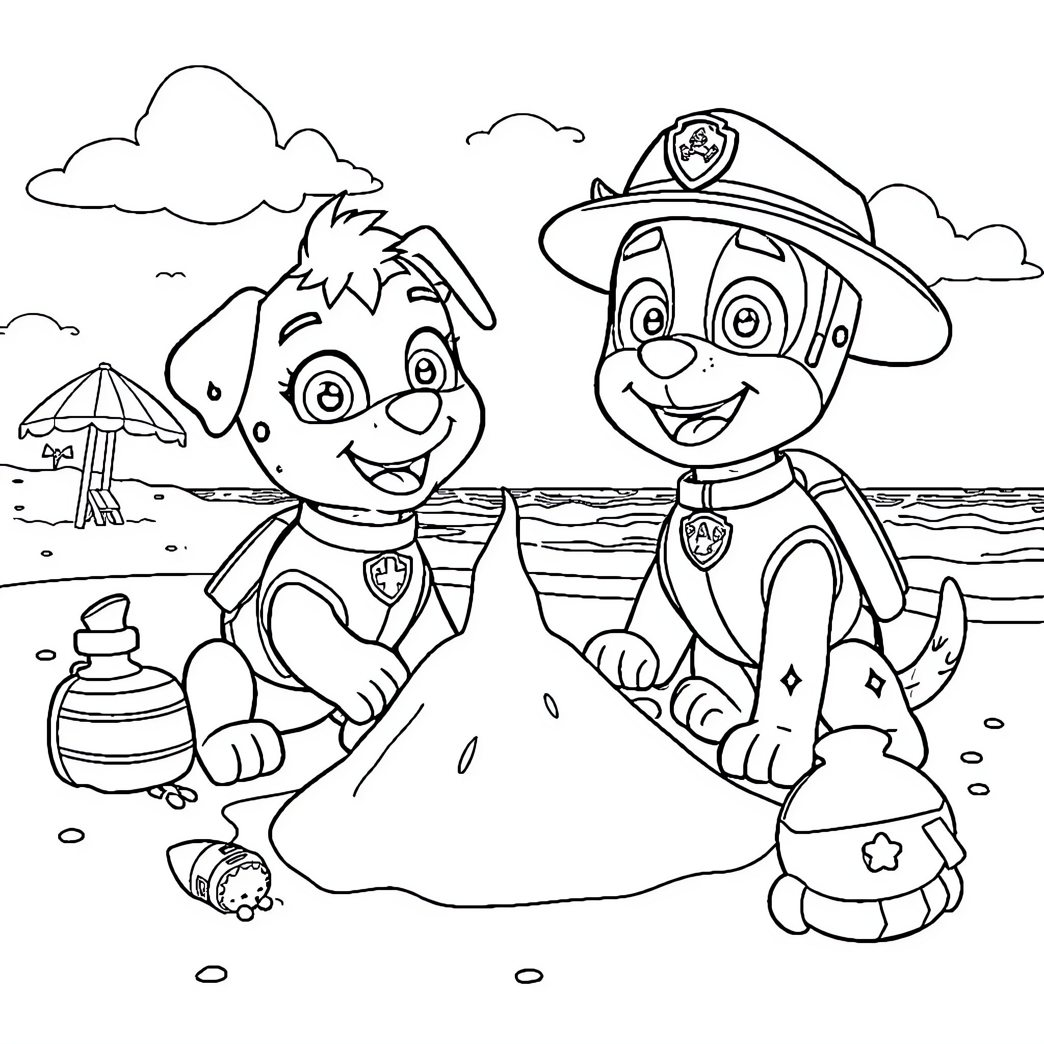 Paw Patrol Puppies Playing on the Beach Coloring Page (free black-and-white line drawing printable PDF for all, from beginners to advanced learners, including children, teens, adults, and seniors)