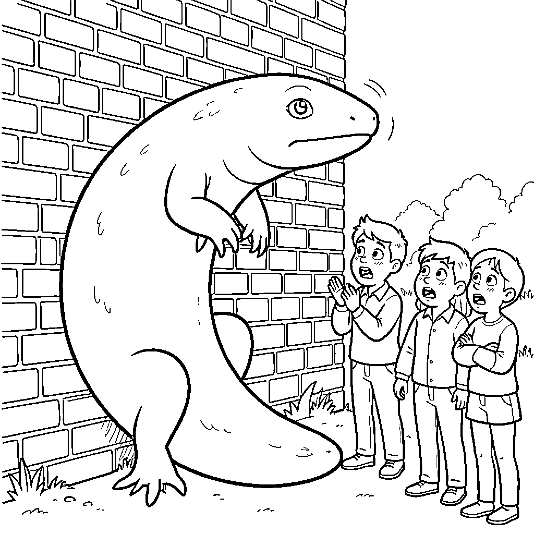 Salamander towering over surprised children by a wall Coloring Page (free black-and-white line drawing printable PDF for all, from beginners to advanced learners, including children, teens, adults, and seniors)
